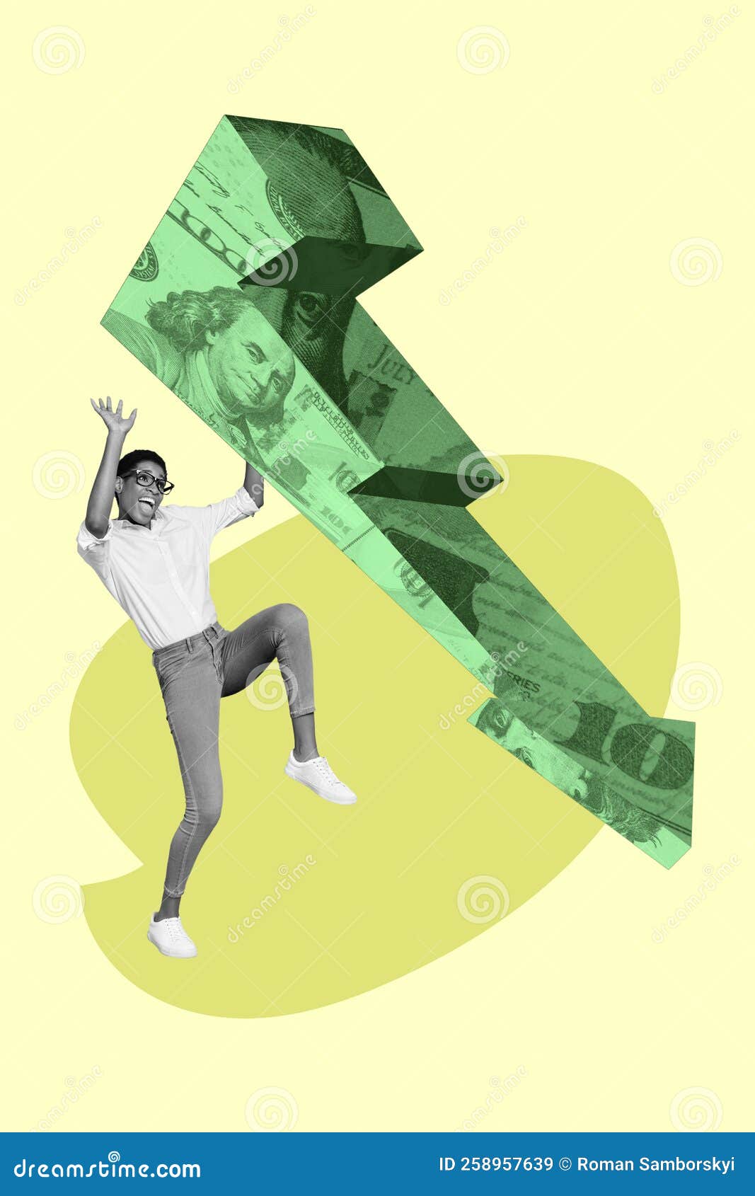 Collage Photo of Young Influencer Rich Businesswoman Hold Arrow Down