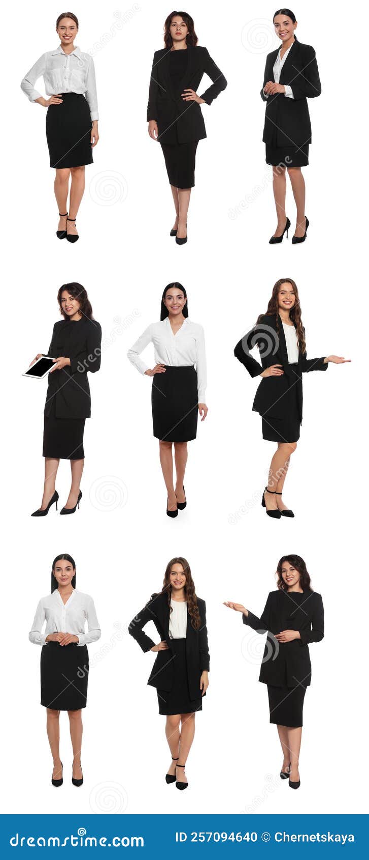 Collage with Photos of Hostess in Uniform on White Background Stock