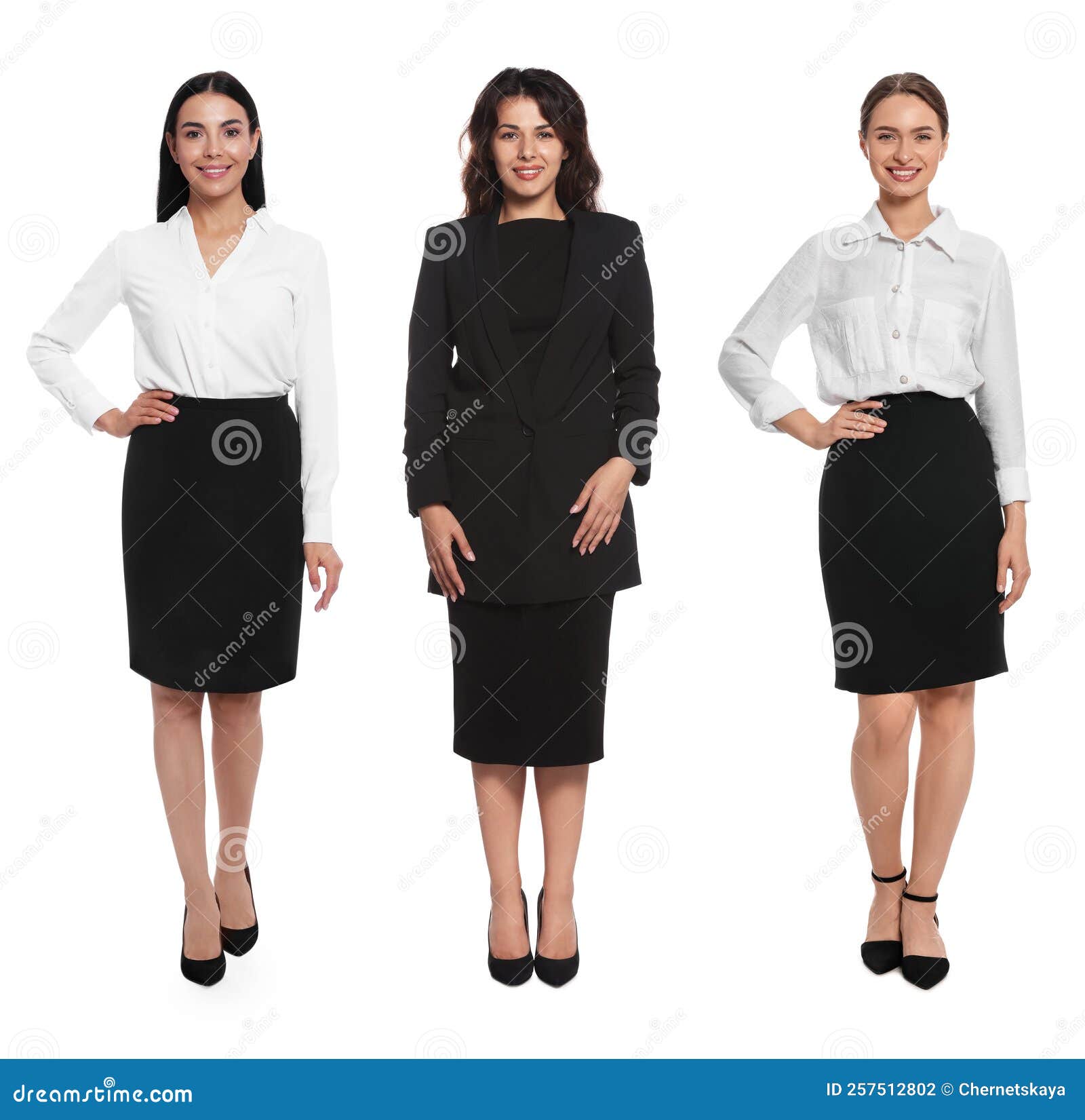 Collage with Photos of Hostess in Uniform on White Background Stock