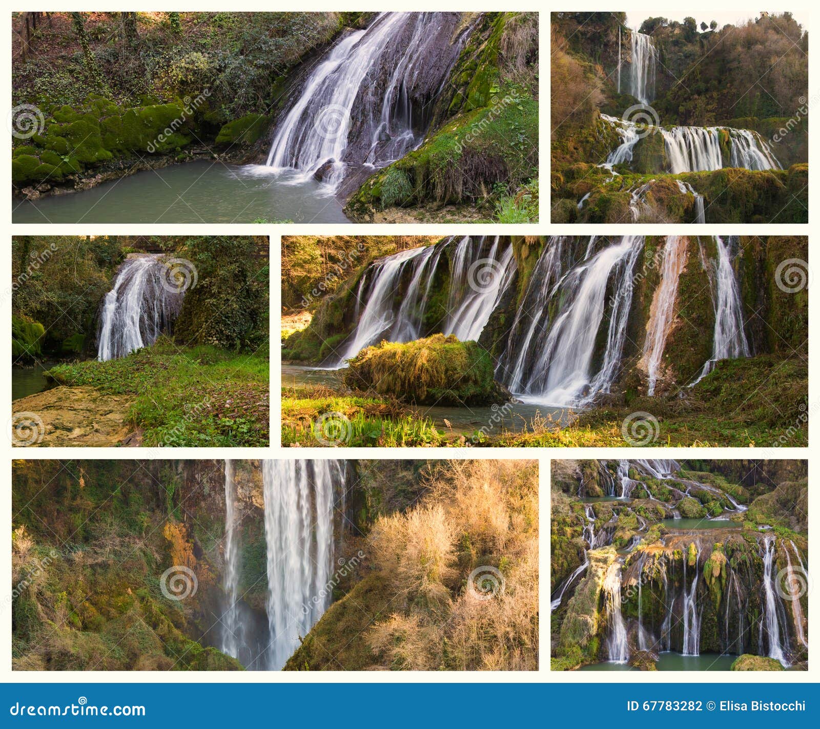 collage with photos of marmore fall (cascata delle marmore)