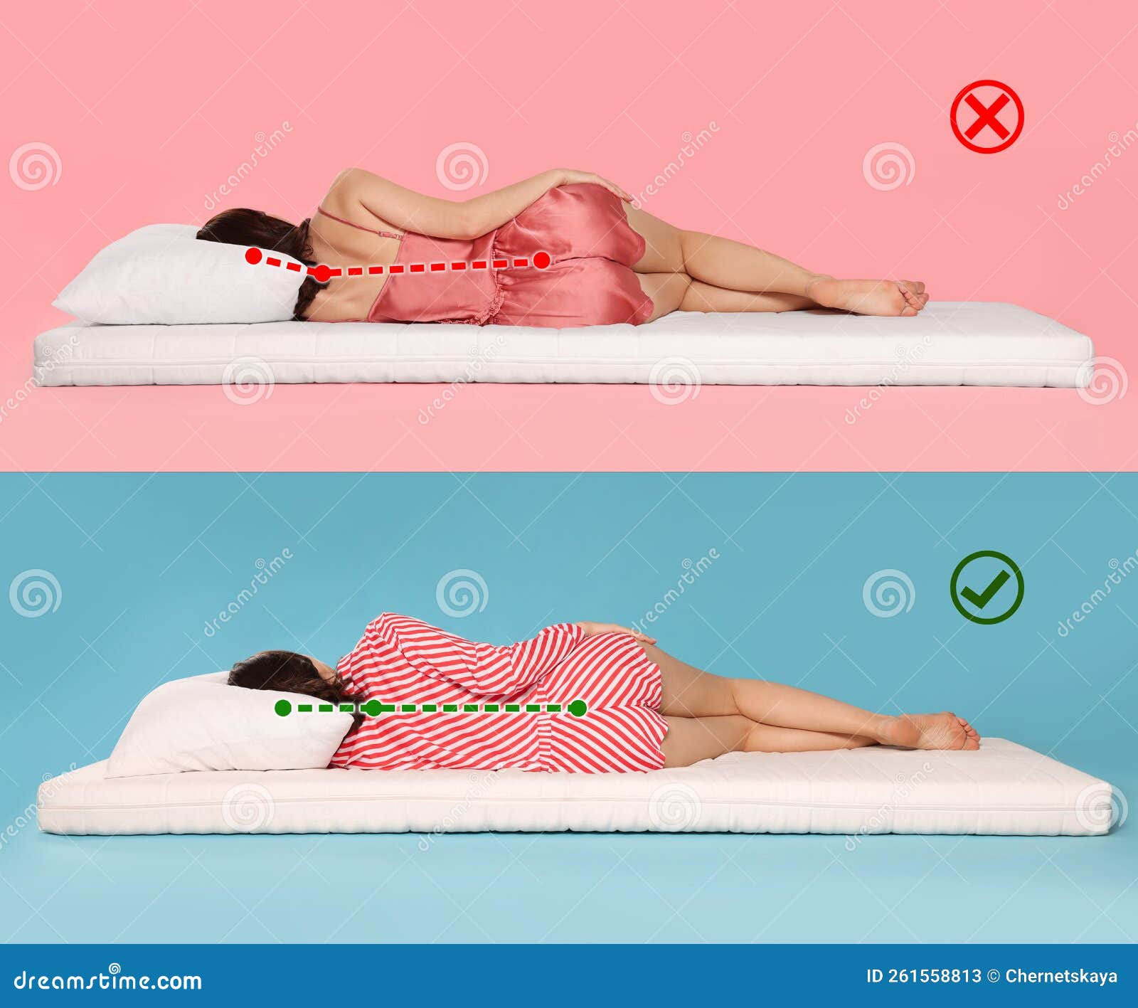 collage with photos of women lying on mattress. wrong and correct sleeping posture. choose right mattress