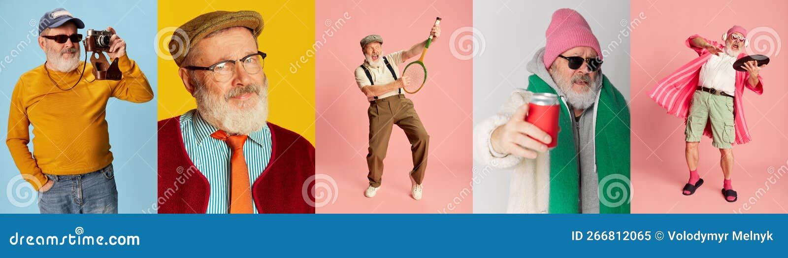 collage. portraits of emotional, stylish senior man posing in different clothes over multicolored background. modern