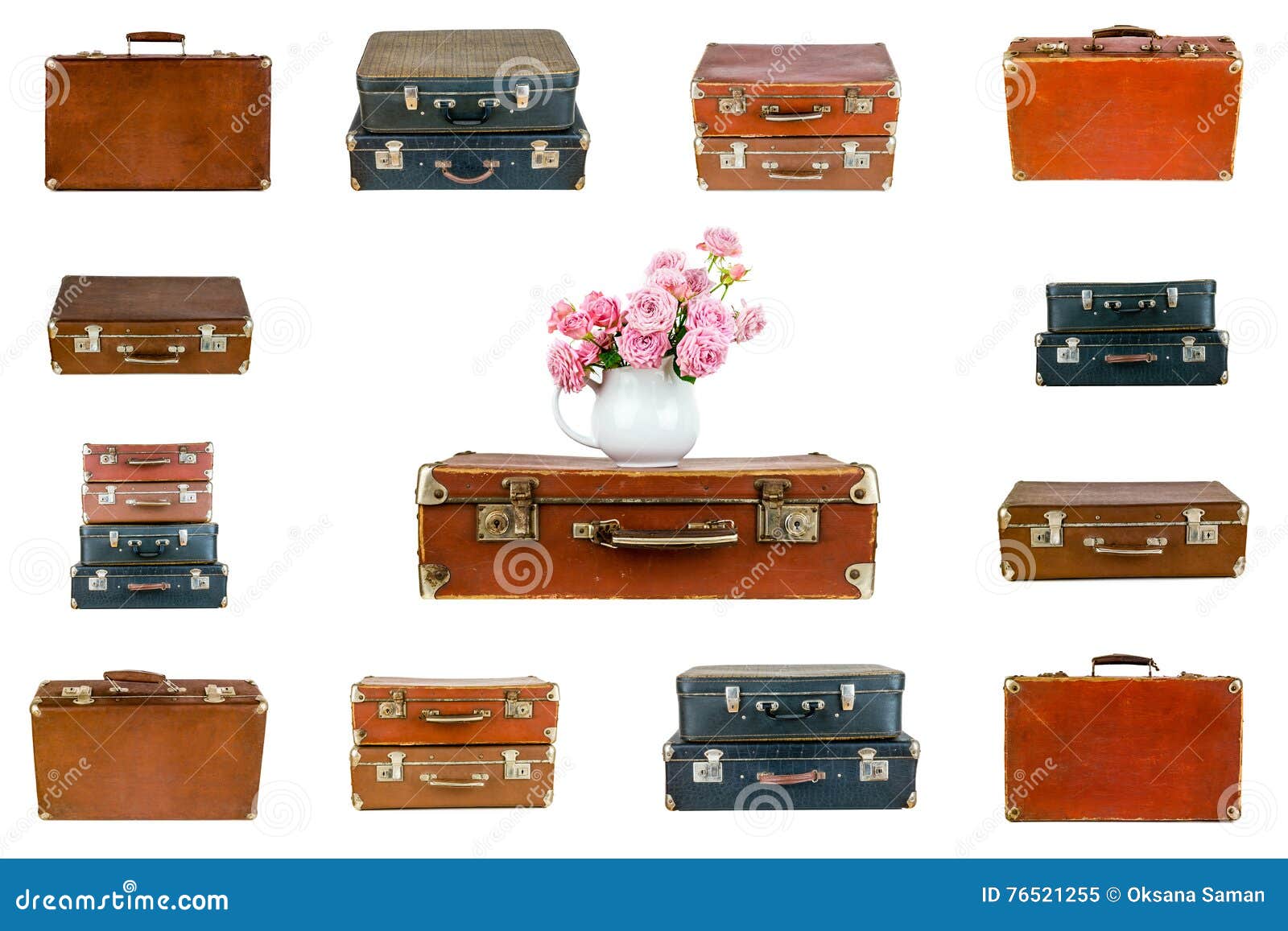 Collage Of Retro Travel Suitcases Isolated On White Stock Image