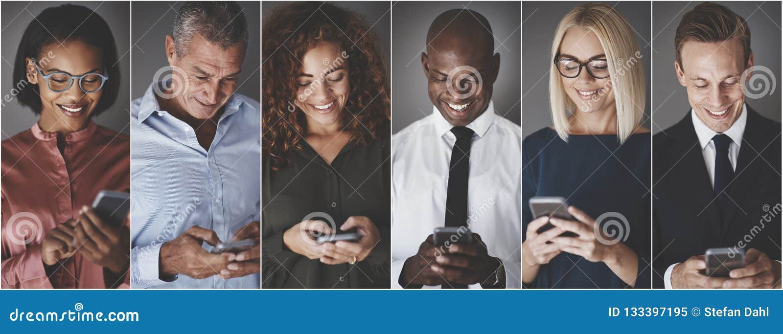 smiling group of diverse businesspeople sending text messages