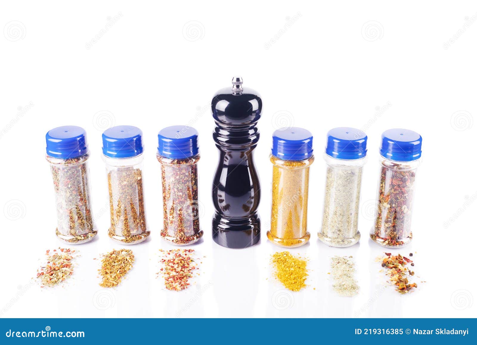 Different Spices Jars and Pepper Mill Stock Image Image of copy