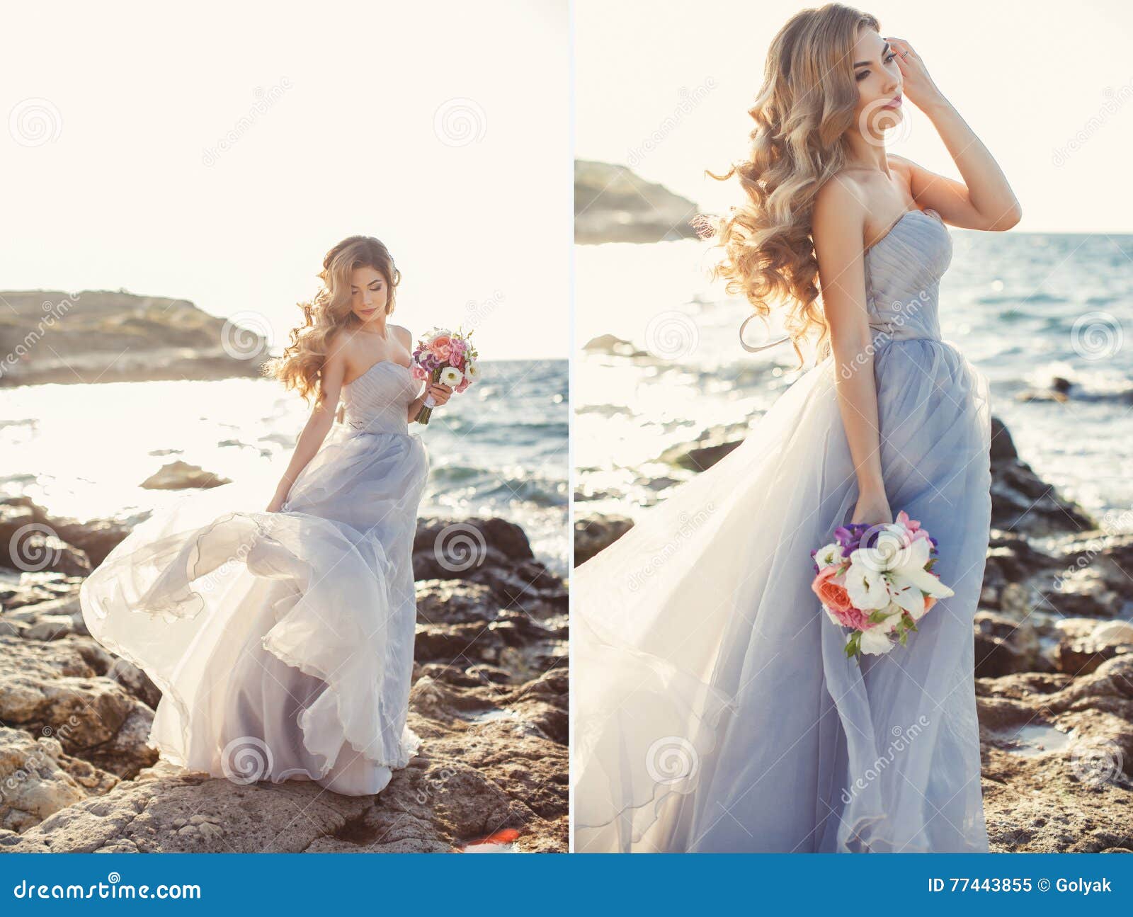 Collage Sposa Con Un Mazzo Dei Fiori In Un Vestito Da Sposa Vicino Al Mare Immagine Stock Immagine Di Festa Background