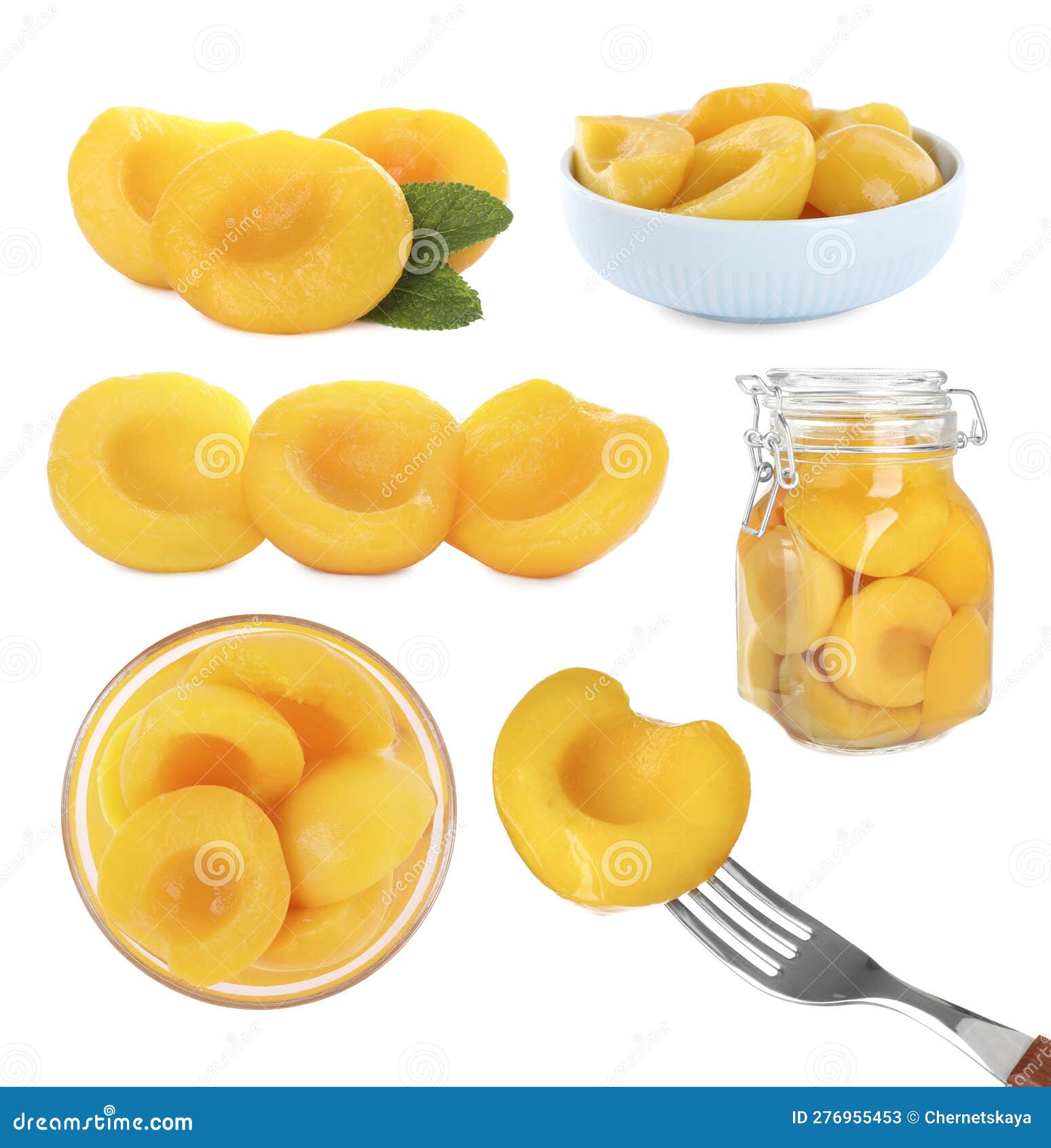 Collage with Tasty Canned Peaches Isolated on White Stock Image Image