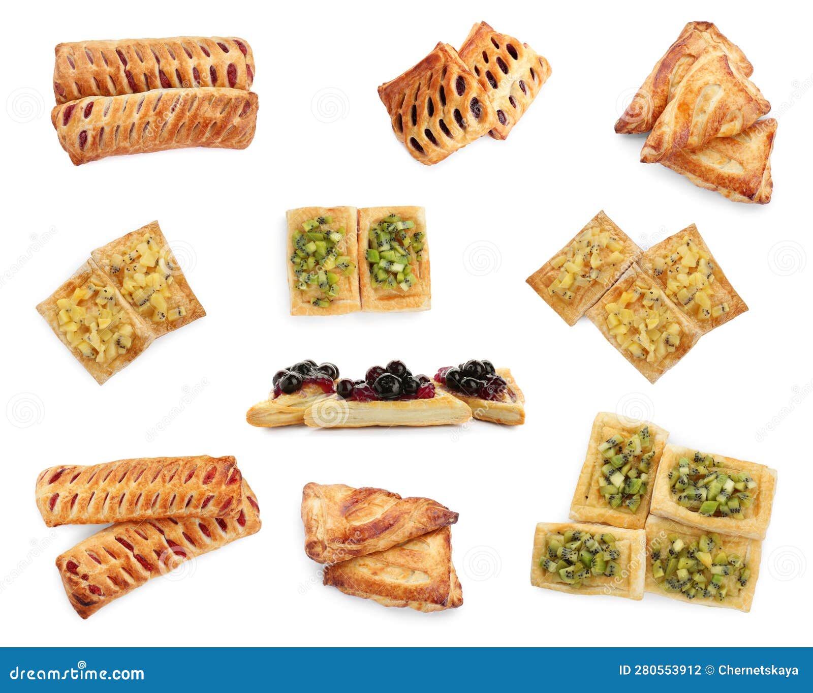 Collage with Tasty Puff Pastries on White Background Stock Photo