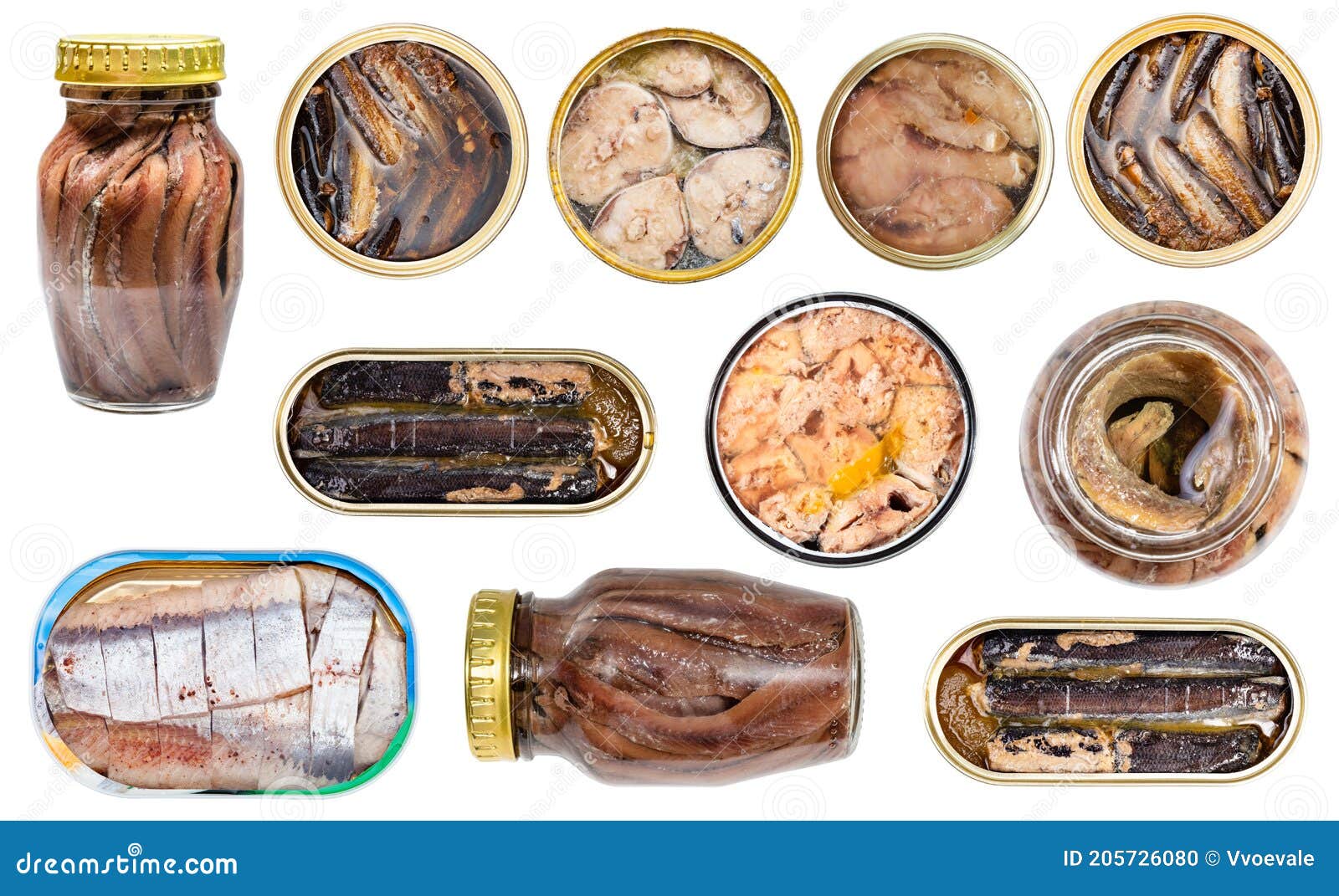 Collage from Various Canned Fishes Isolated Stock Photo Image of