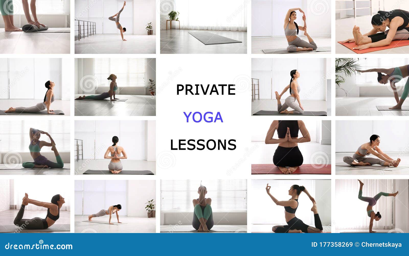 Collage Of Women Practicing Poses And Text Private Yoga Classes Stock