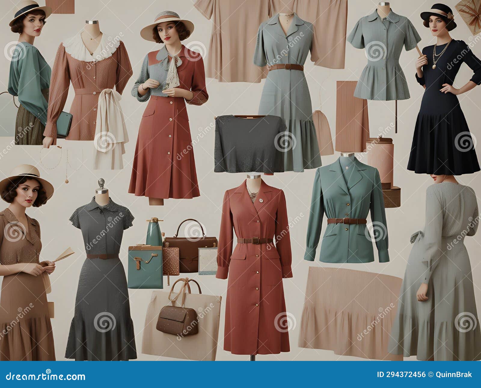 collage of women's clothing and accessories, vintage style