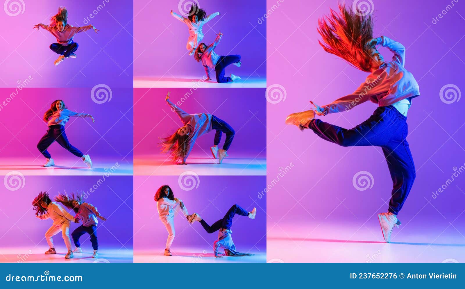 Collage Of Young Girls Hip Hop Dancers In Motion Training Isolated Over Gradient Pink Purple 