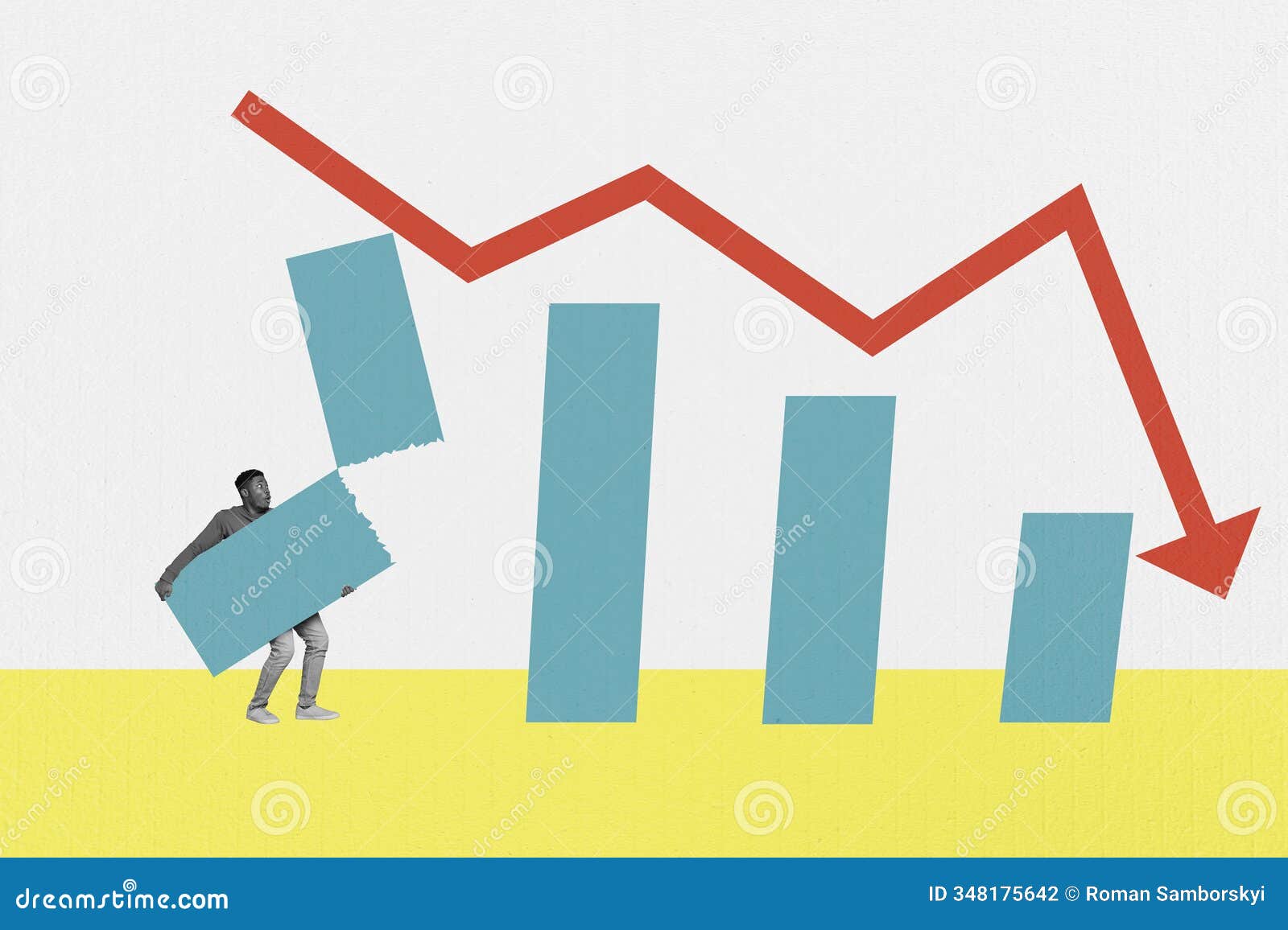 collage young man charts statistics dynamic arrow regression falling down crisis economy devaluation problem break