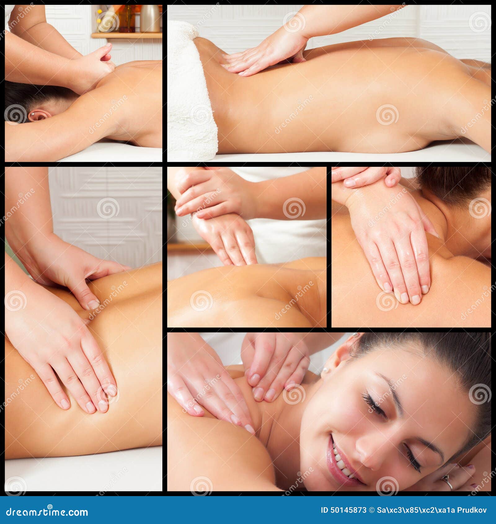 collage - young woman enjoying back massage in beauty spa