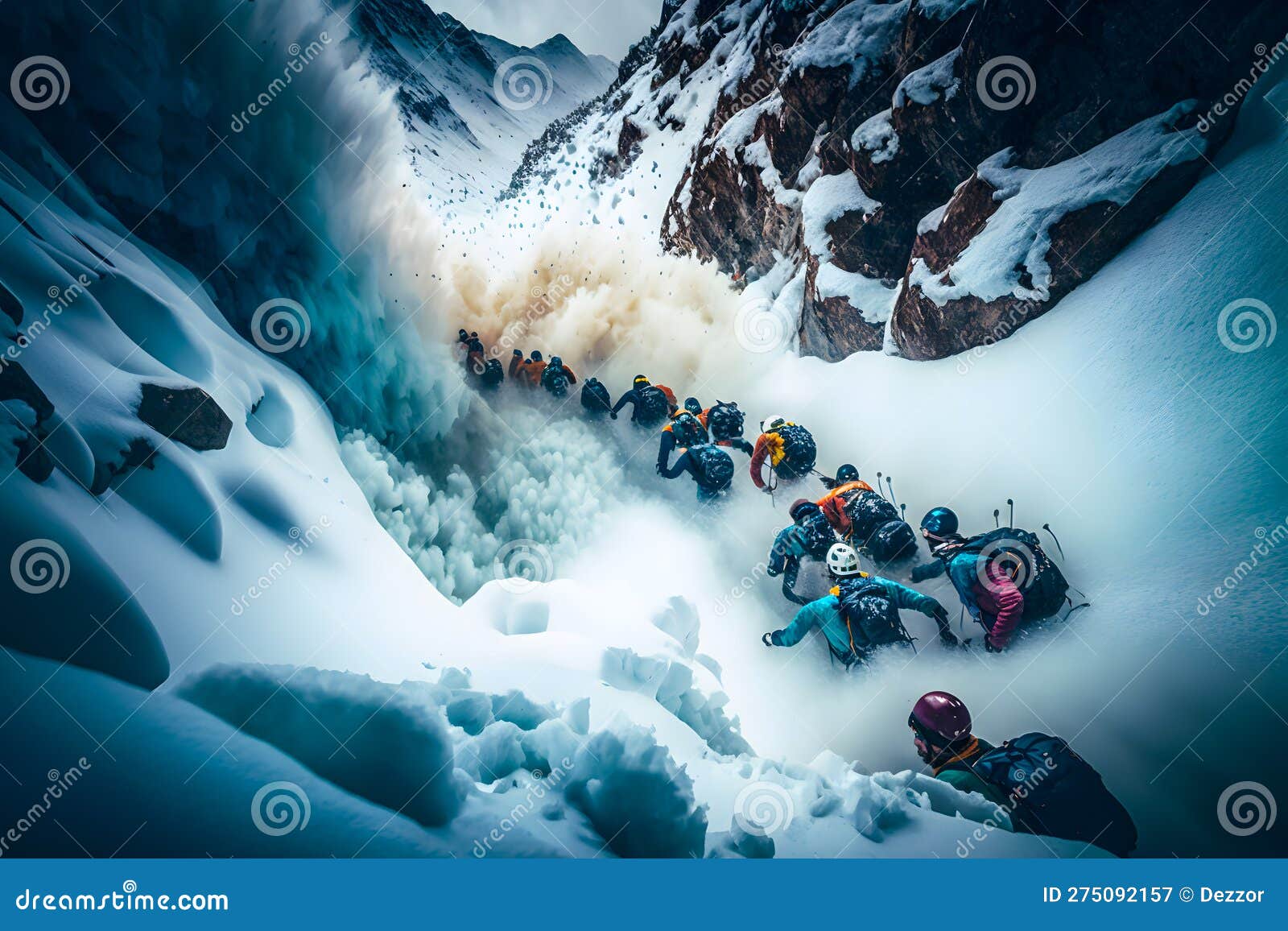 Collapse Avalanche In The Mountains On A Group Of Climbers, Victims And