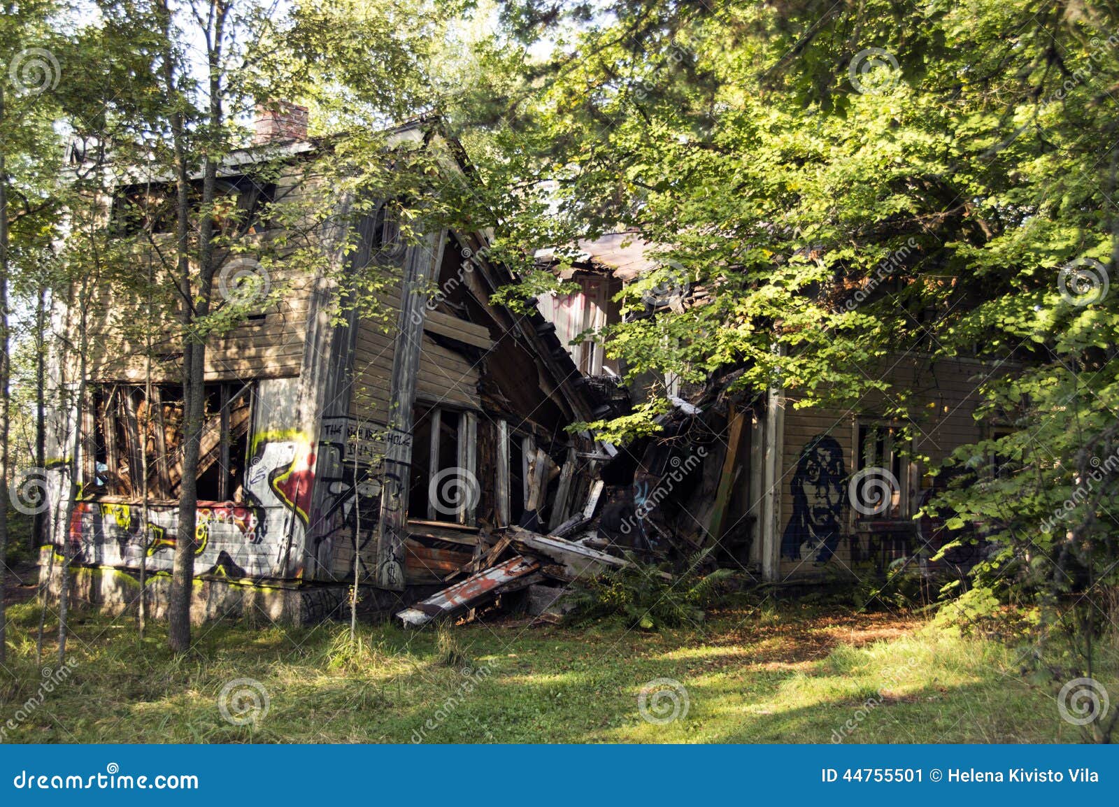 collapsed old wooden house