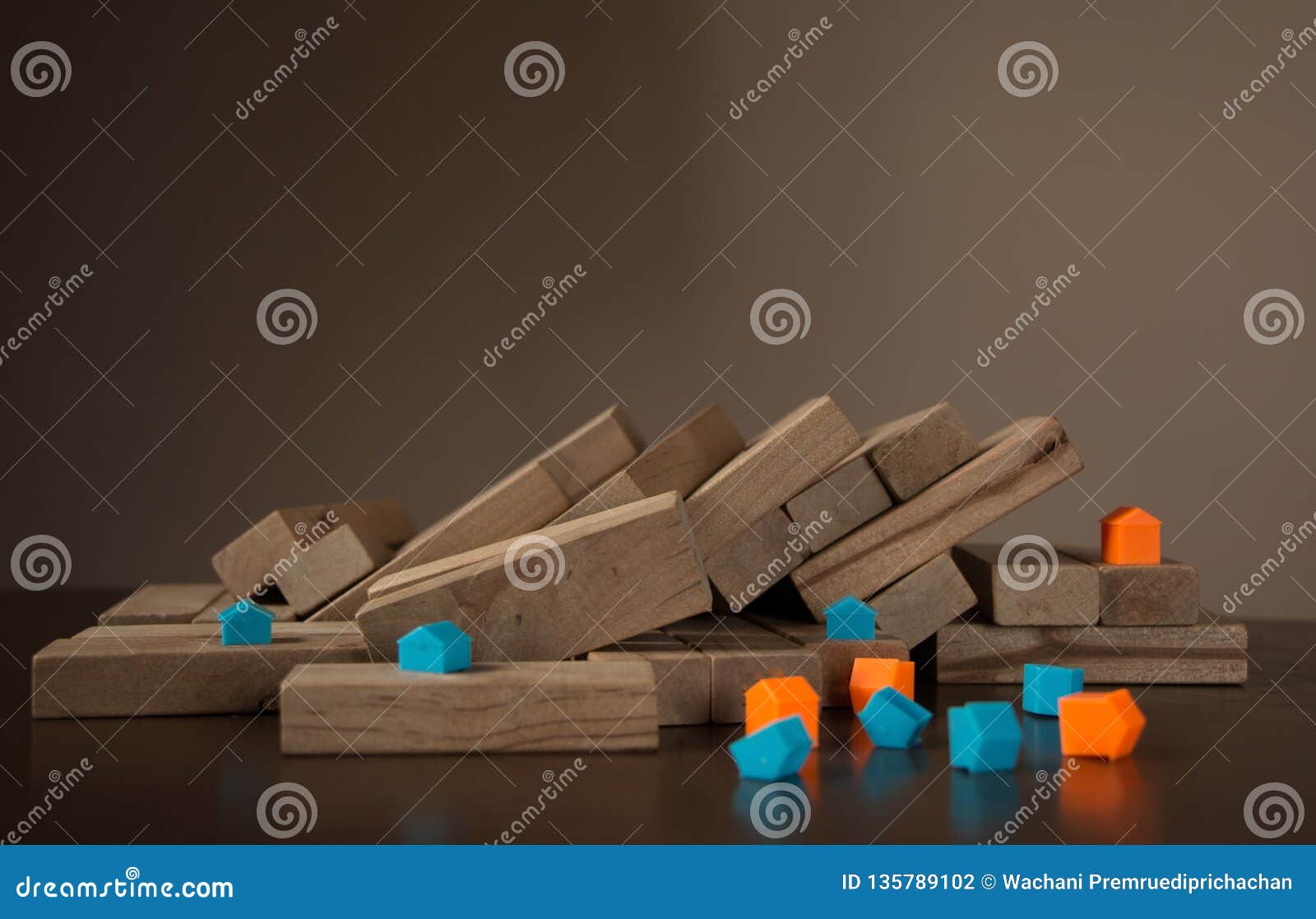 collapsed wood blocks stack game and model house fall disorderly