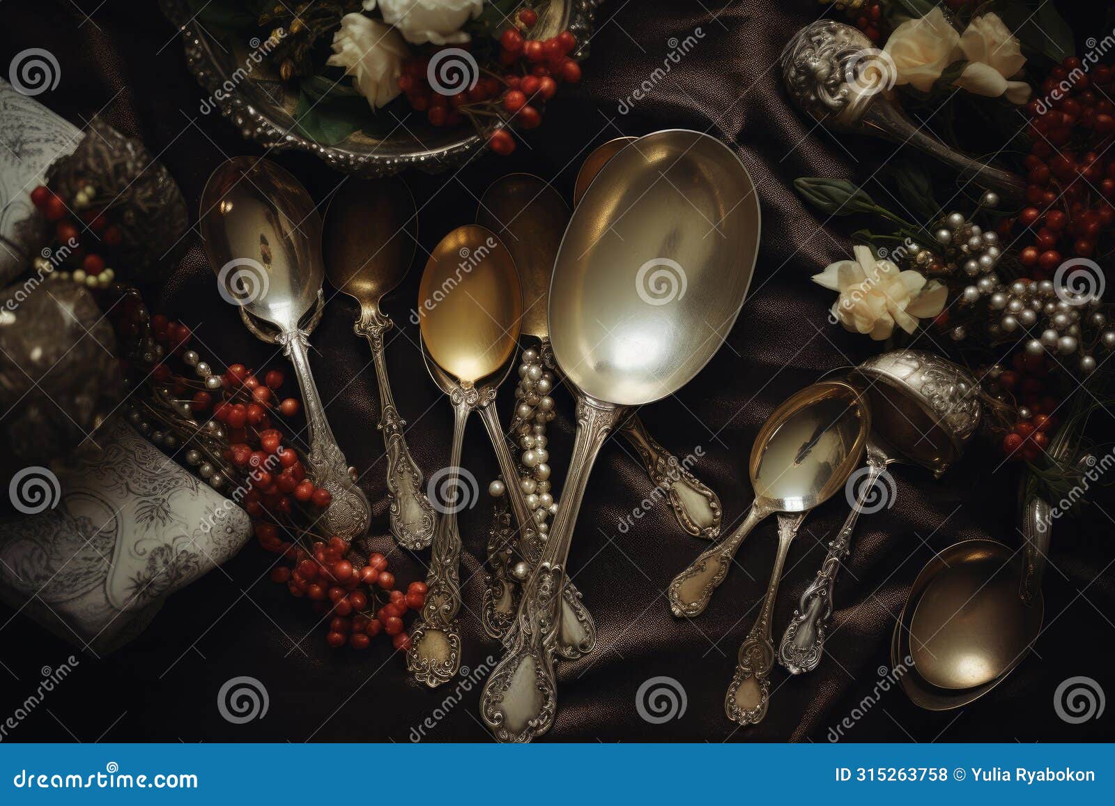 collectible vintage silver antique spoon cutlery. generate ai