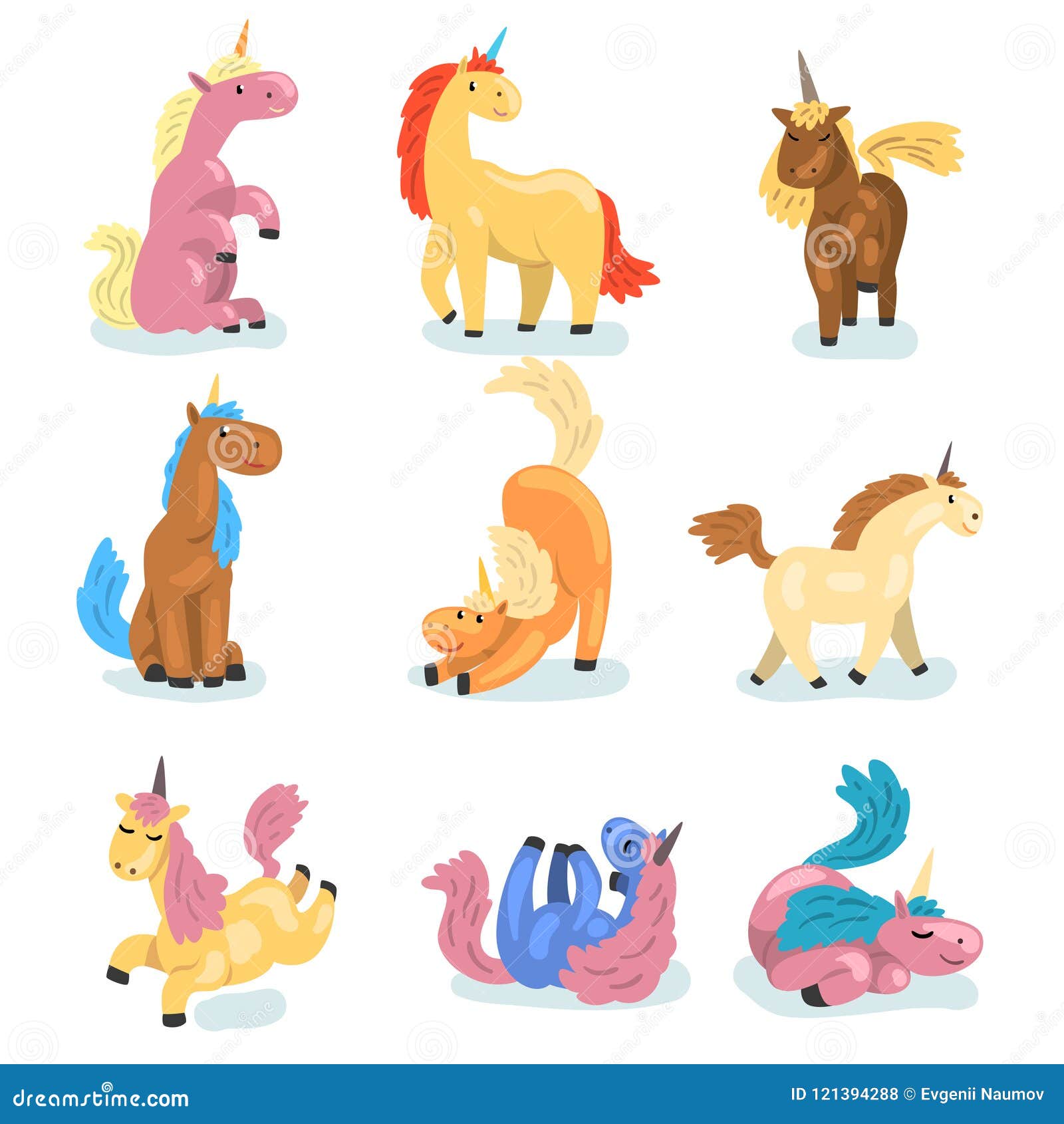 Flat Vector Set of Adorable Unicorns in Different Actions. Mythical Animal  with Single Horn. Elements for Postcard Stock Vector - Illustration of  blue, childish: 121394288