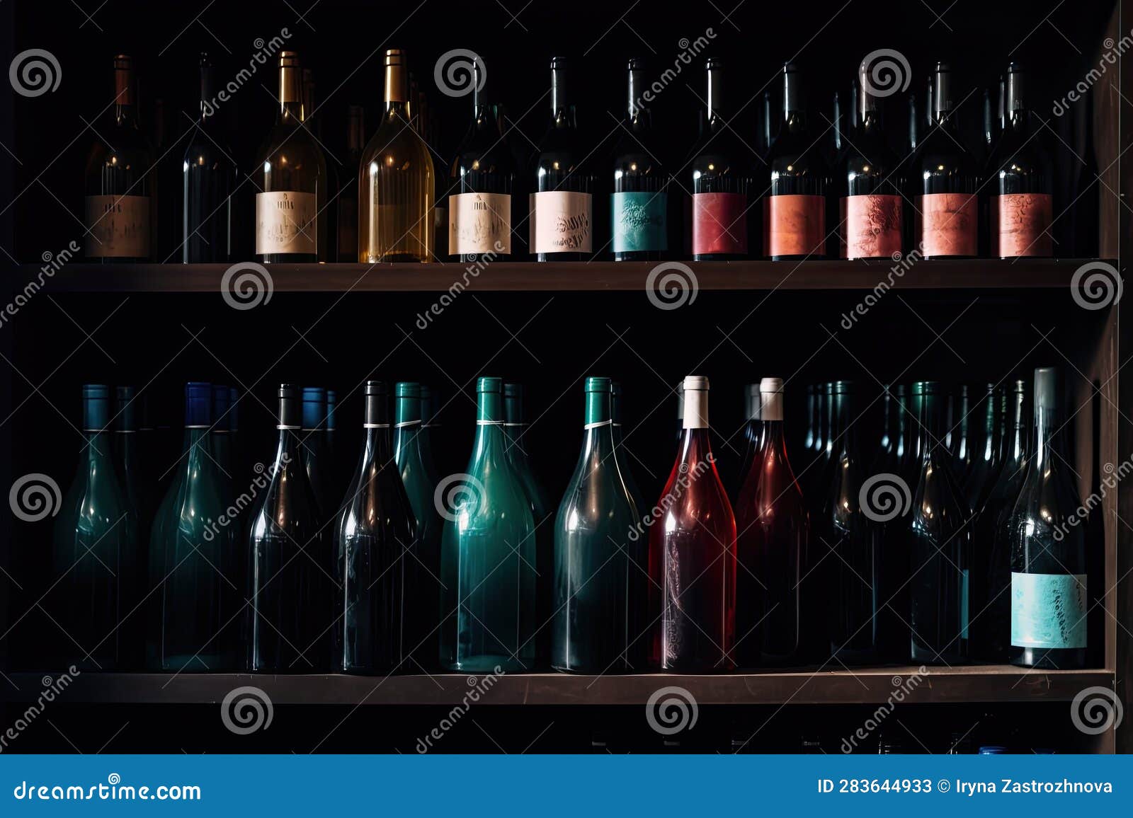 Collection of Alcoholic Drinks in Glass Bottles on a Shelf Stock