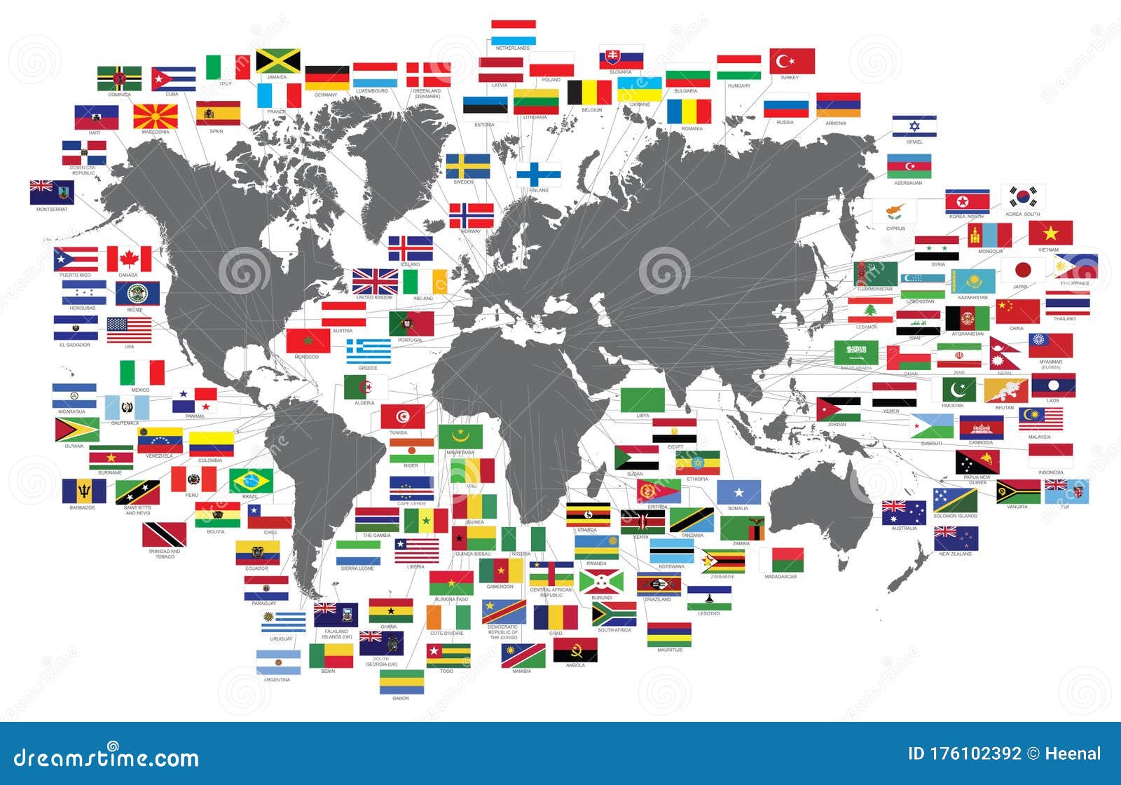 Collection Of All National Flags With World Map And Namesvector