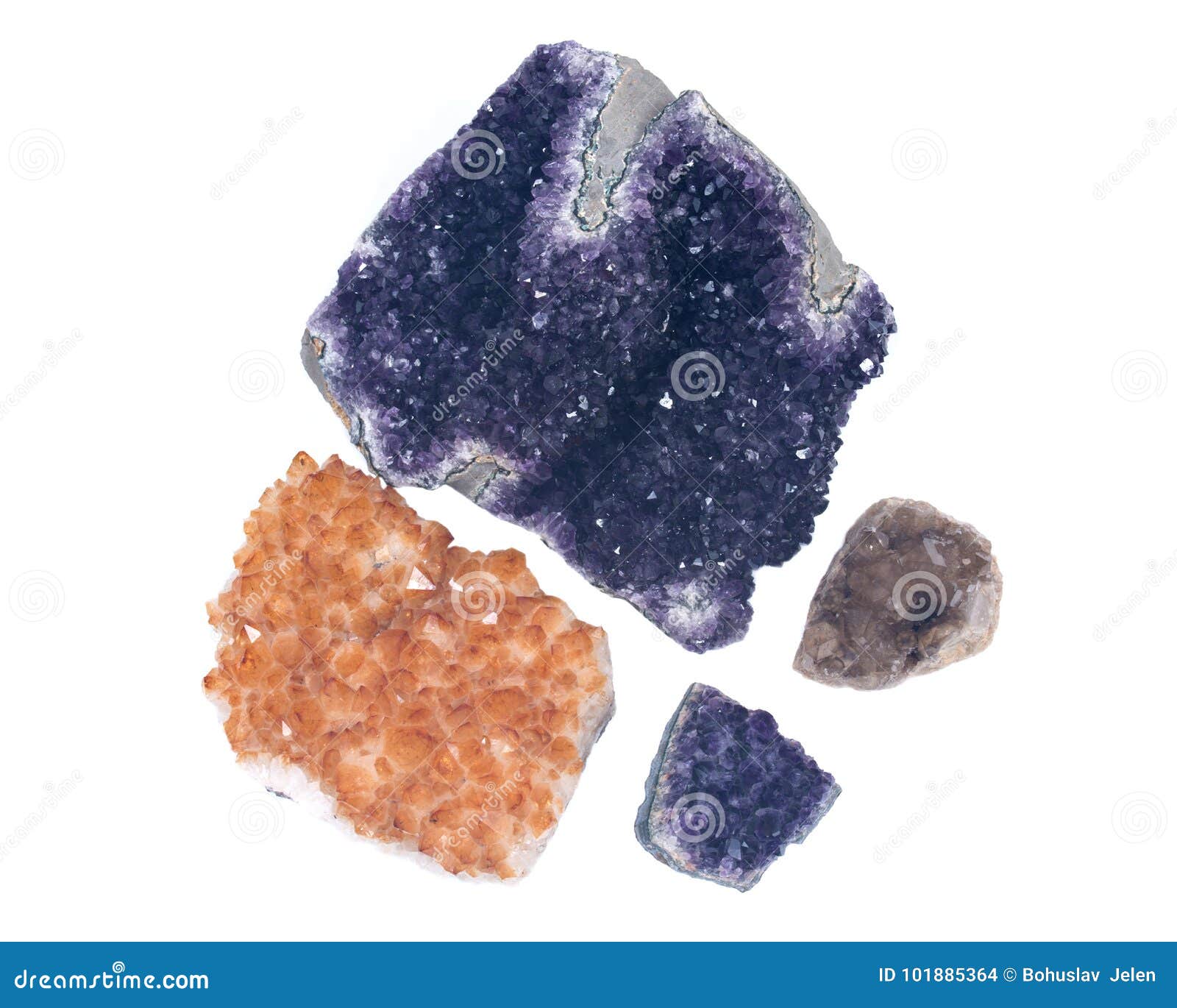 collection of amethyst and citrine druzy clusters