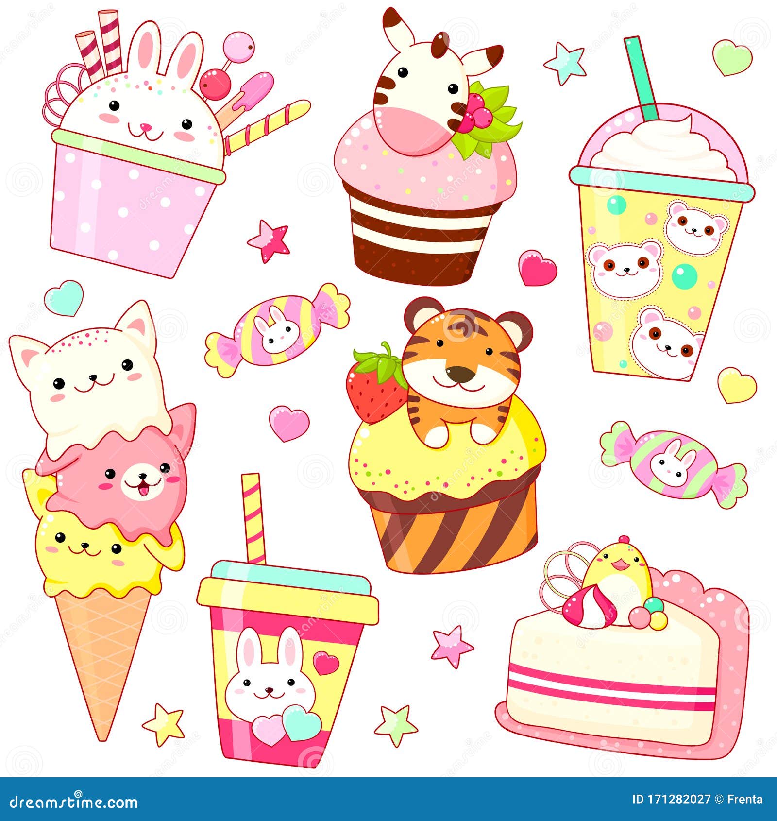 Set of Fun Stickers Desserts Kawaii Bakery Food Stock Vector