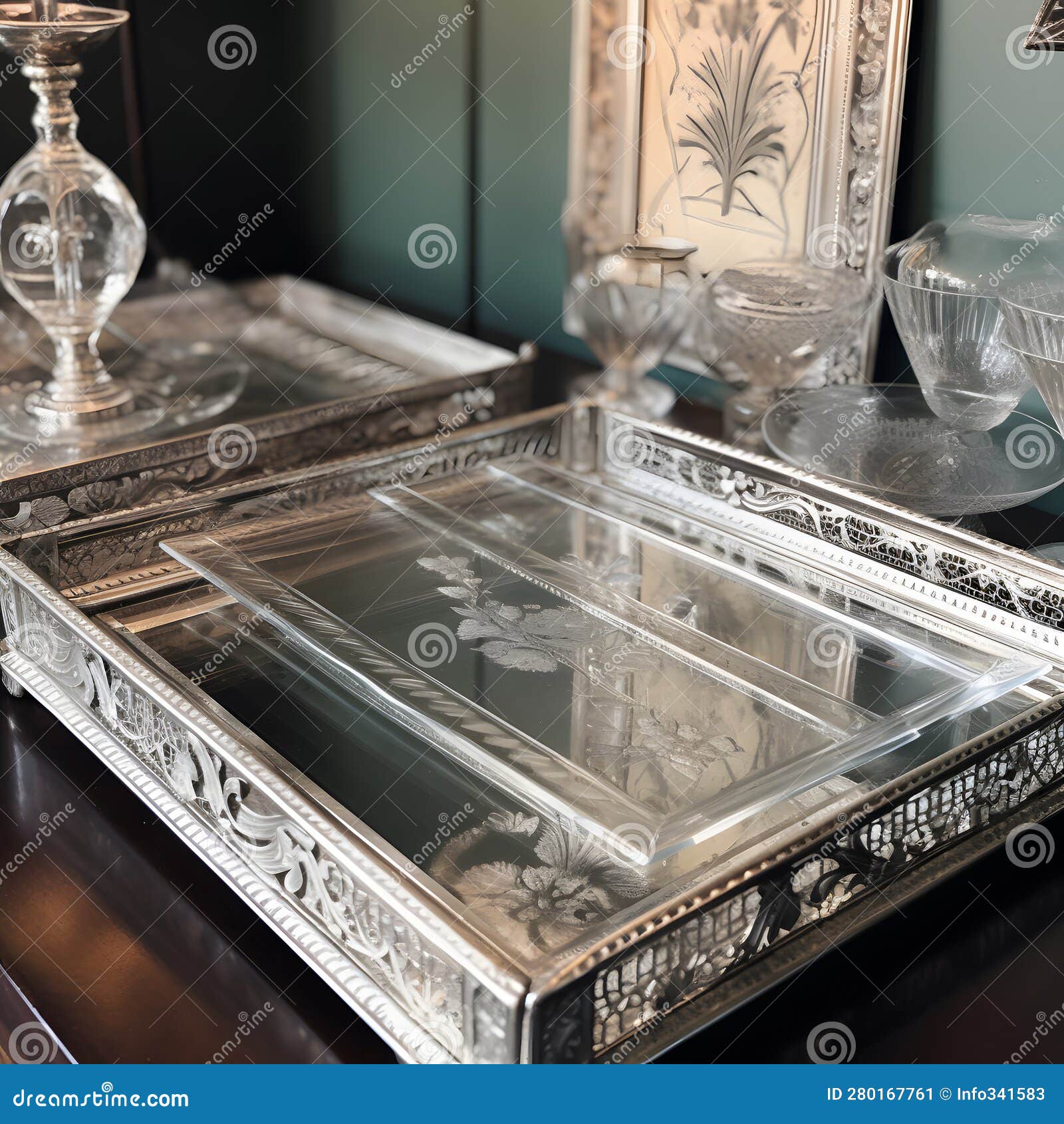 Collection of Antique Silver Serving Trays in a Glass Dis One