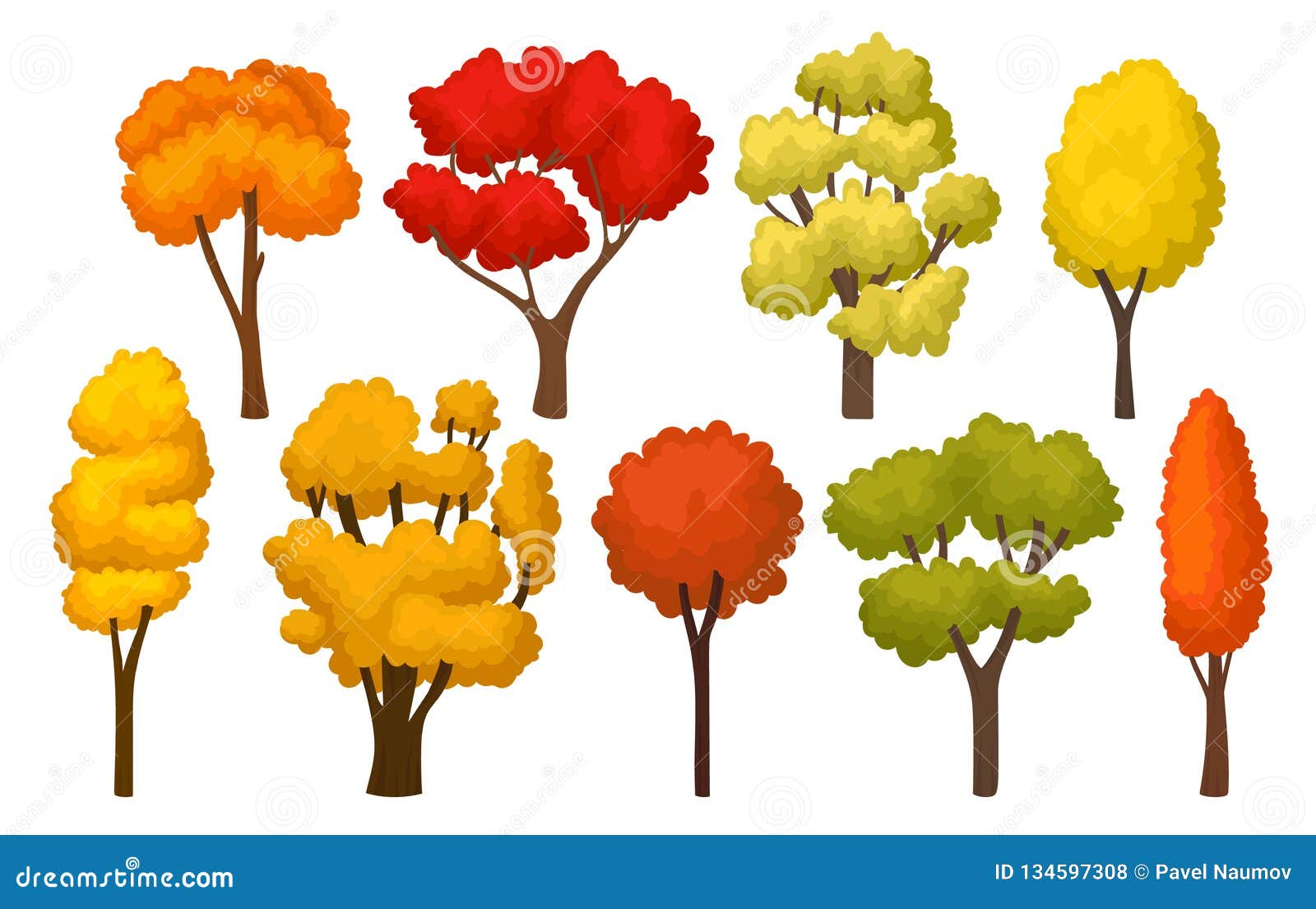 flat  set of autumn trees with bright leaves. forest plants for mobile game. nature theme