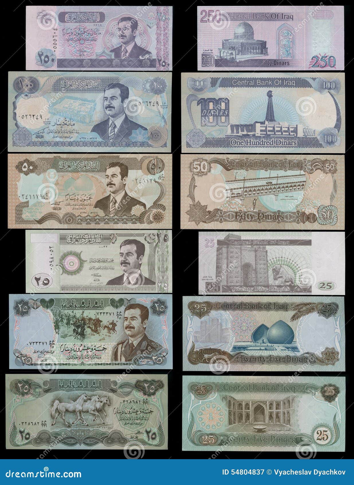 Collection Of Banknotes Iraqi Dinars Portrait Saddam Hussein Stock