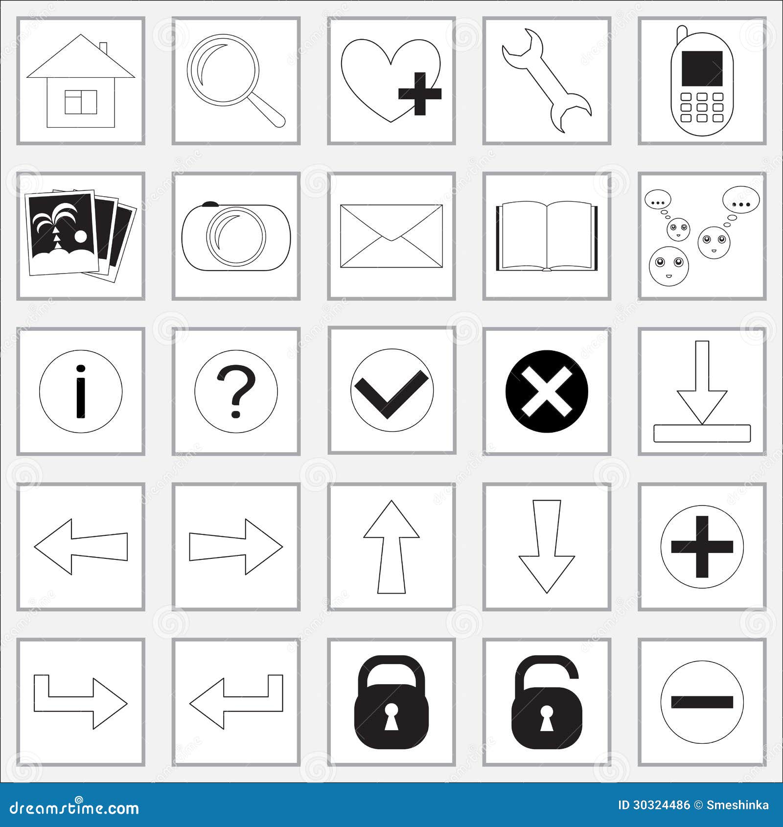 Collection of Black and White Computer Icons for a Stock Vector