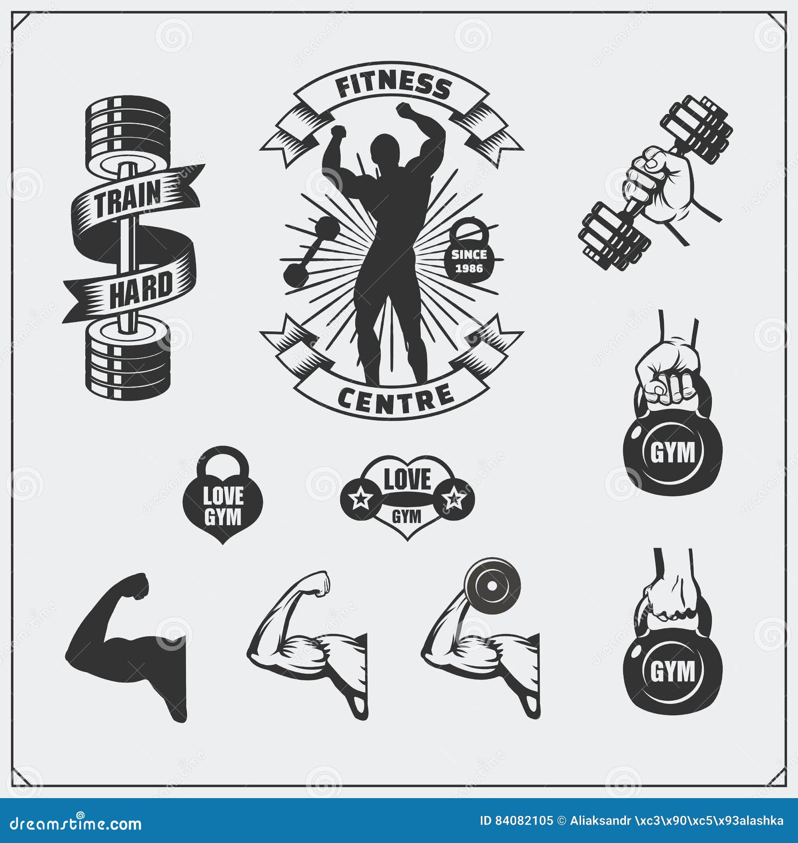 Collection Of Black And White Fitness Labels Emblems Badges