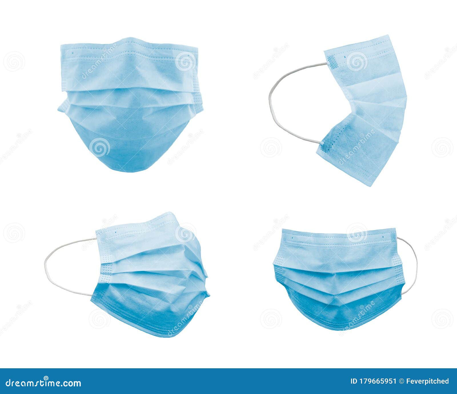Collection of Blue Medical Face Masks at Different Angles Isolated on
