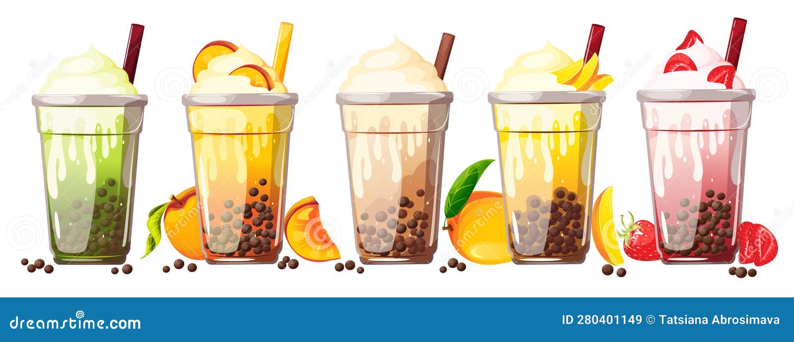 A Collection of Bubble Tea with Tapioca in Plastic Cups.Bubble Tea with