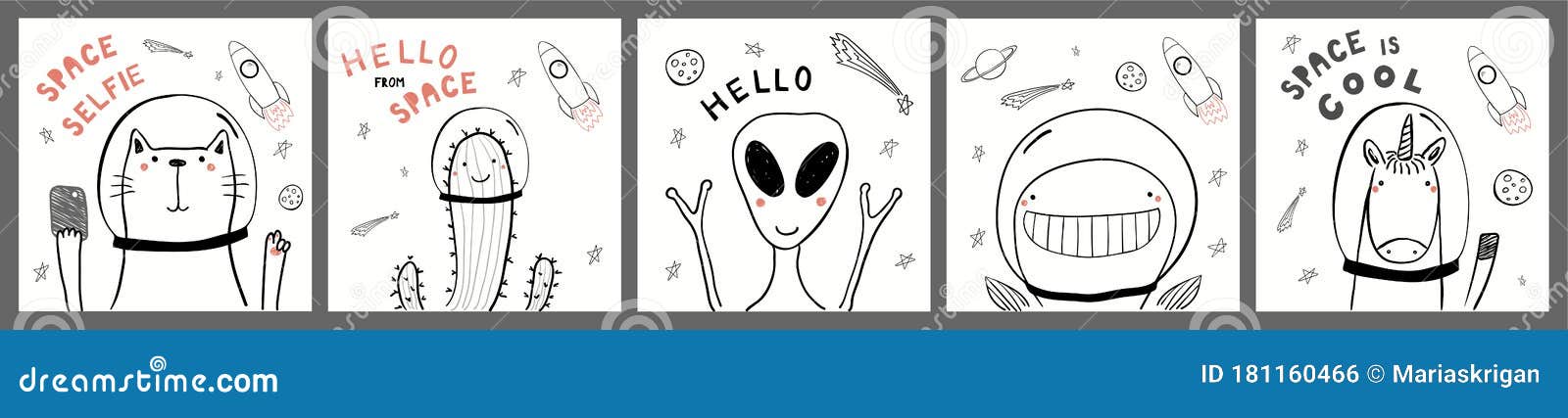Cute Animal Astronauts Cards Set Stock Vector - Illustration of drawing,  happy: 181160466