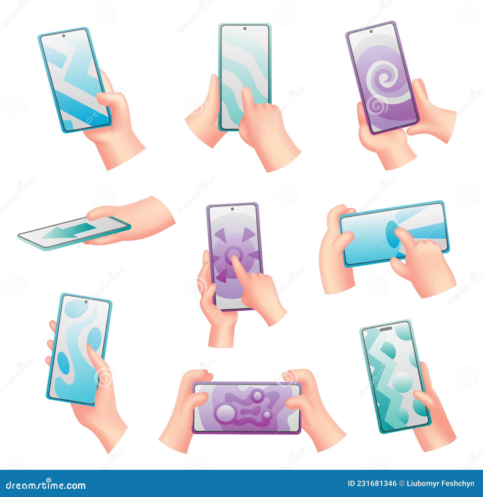 collection of cartoon hands with phone. humans holding phones with empty screen. mock up of social network communication
