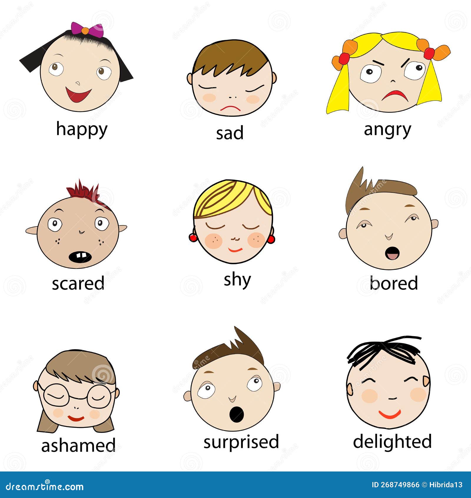 Collection of Cartoon Kids Faces with Facial Emotions Stock ...