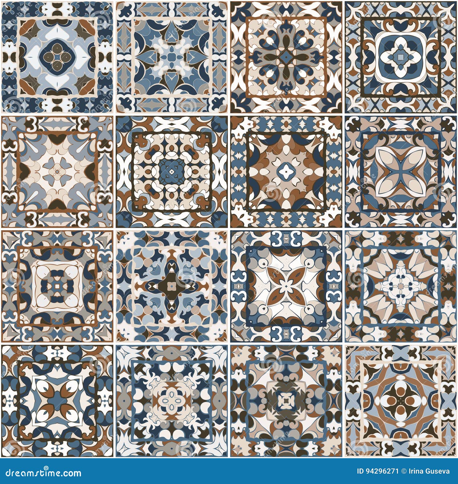 A Collection of Ceramic Tiles in Blue and Brown Colors. Stock Vector