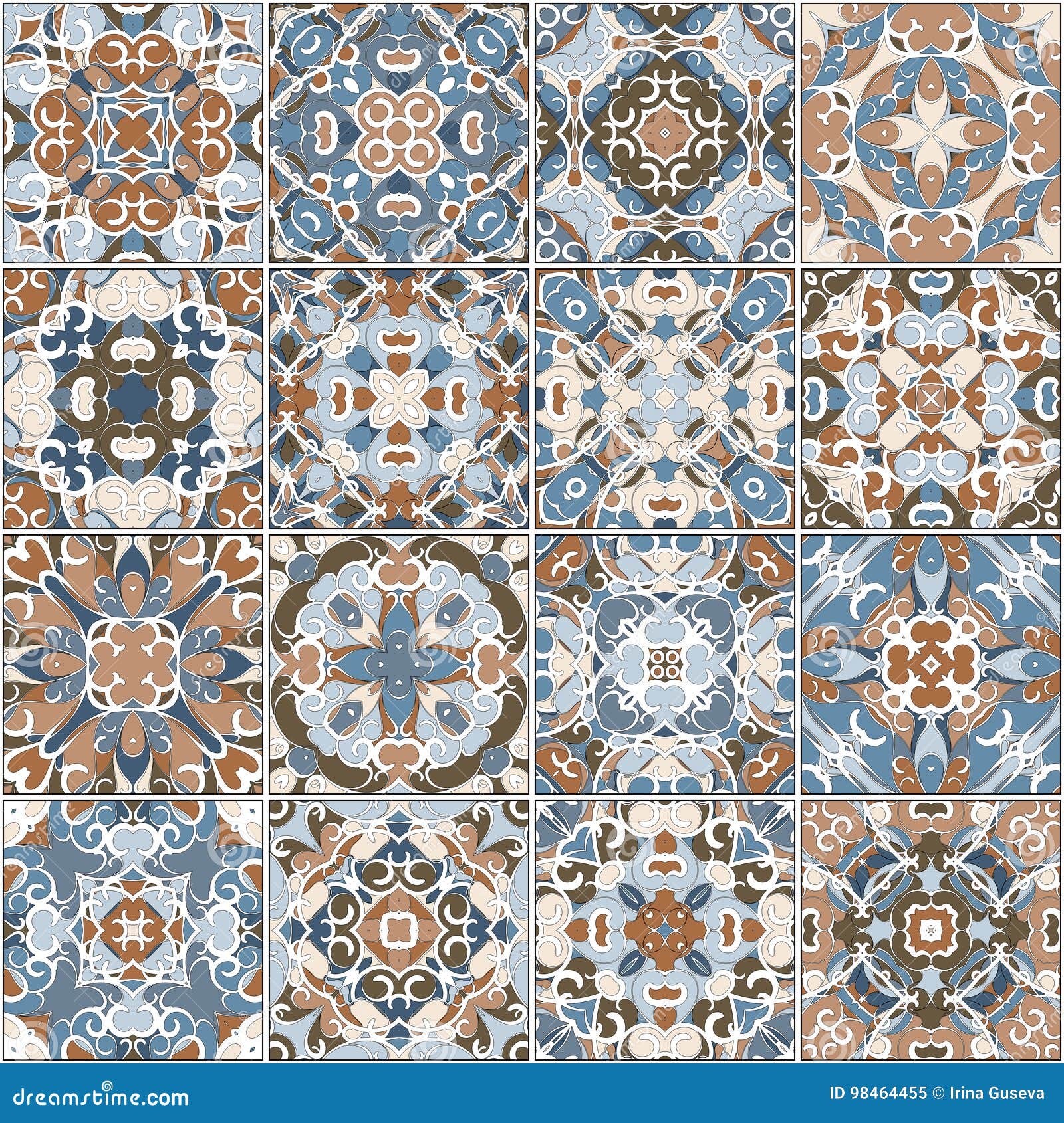 A Collection of Ceramic Tiles in Blue and Brown Colors. Stock Vector