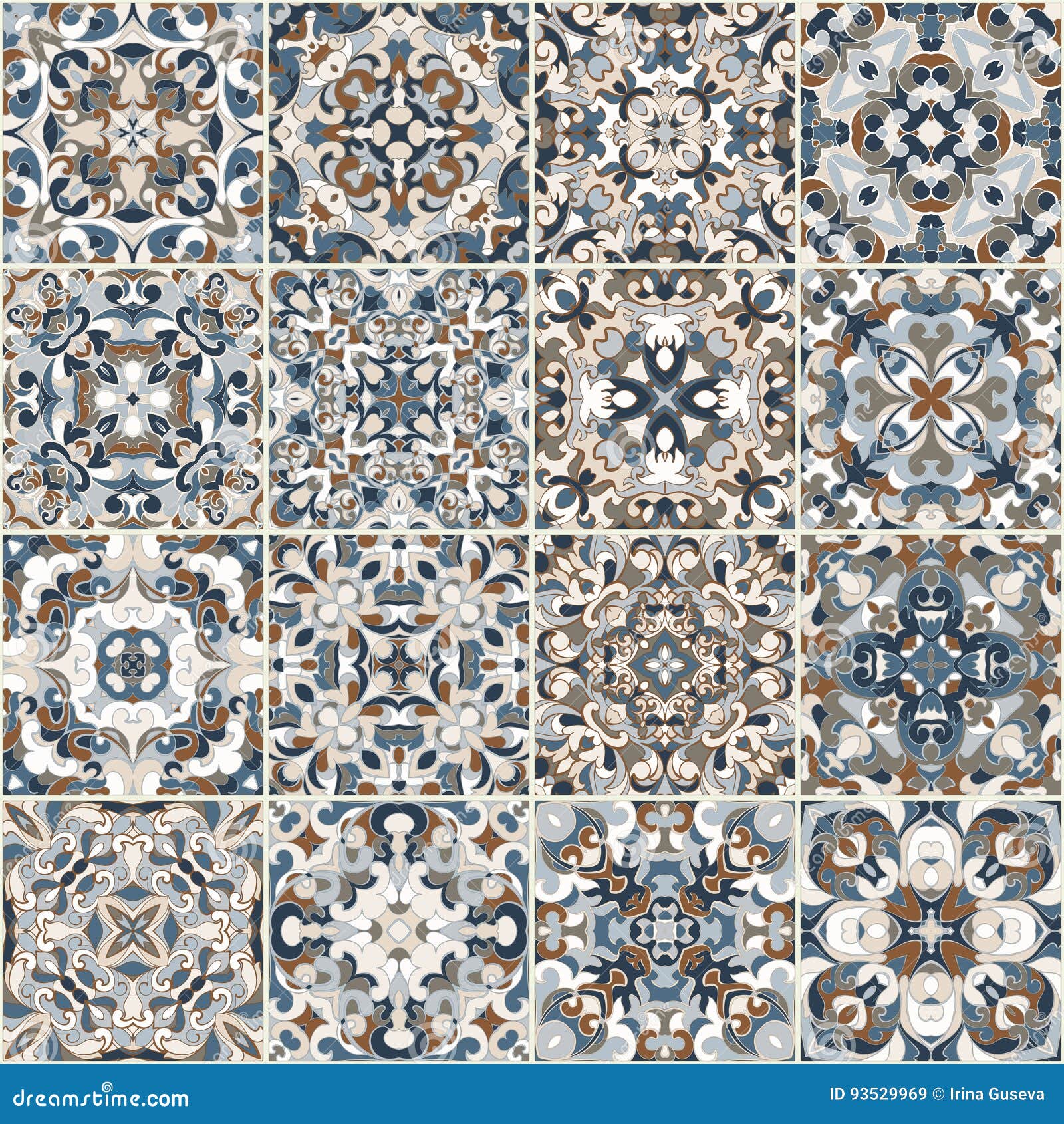 A Collection of Ceramic Tiles in Blue Retro Colors. Stock Vector