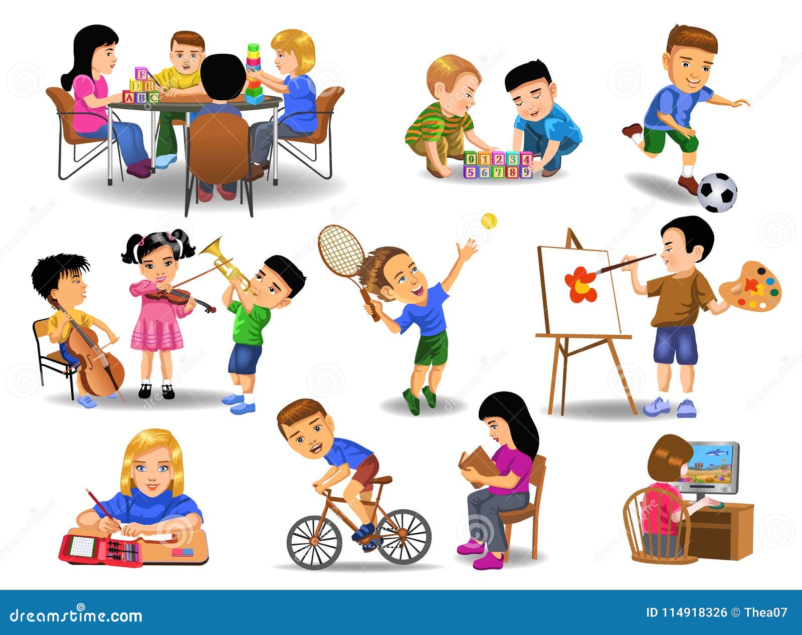 collection of children doing different school and leisure time activities