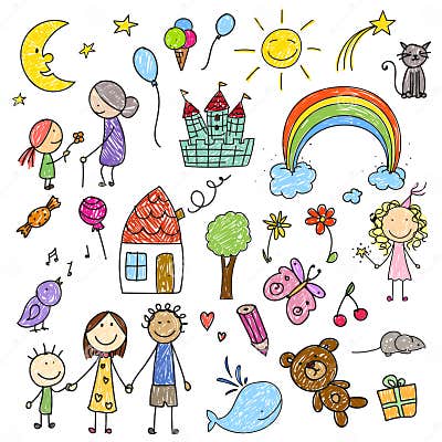 Collection of Children Drawings Stock Illustration - Illustration of ...