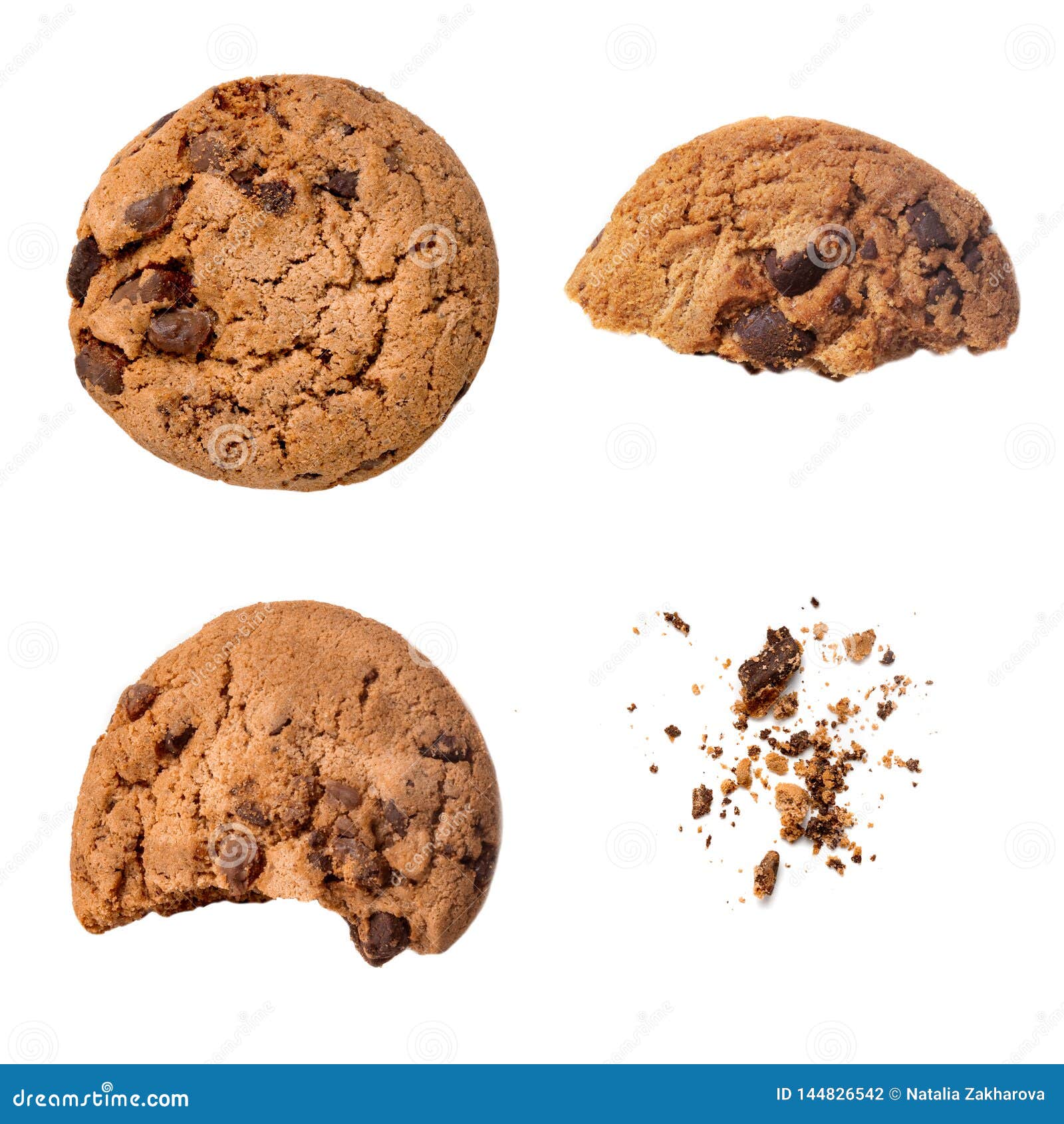 Collection of Chocolate Chip Cookie Pieces with Crumbs Isolated on