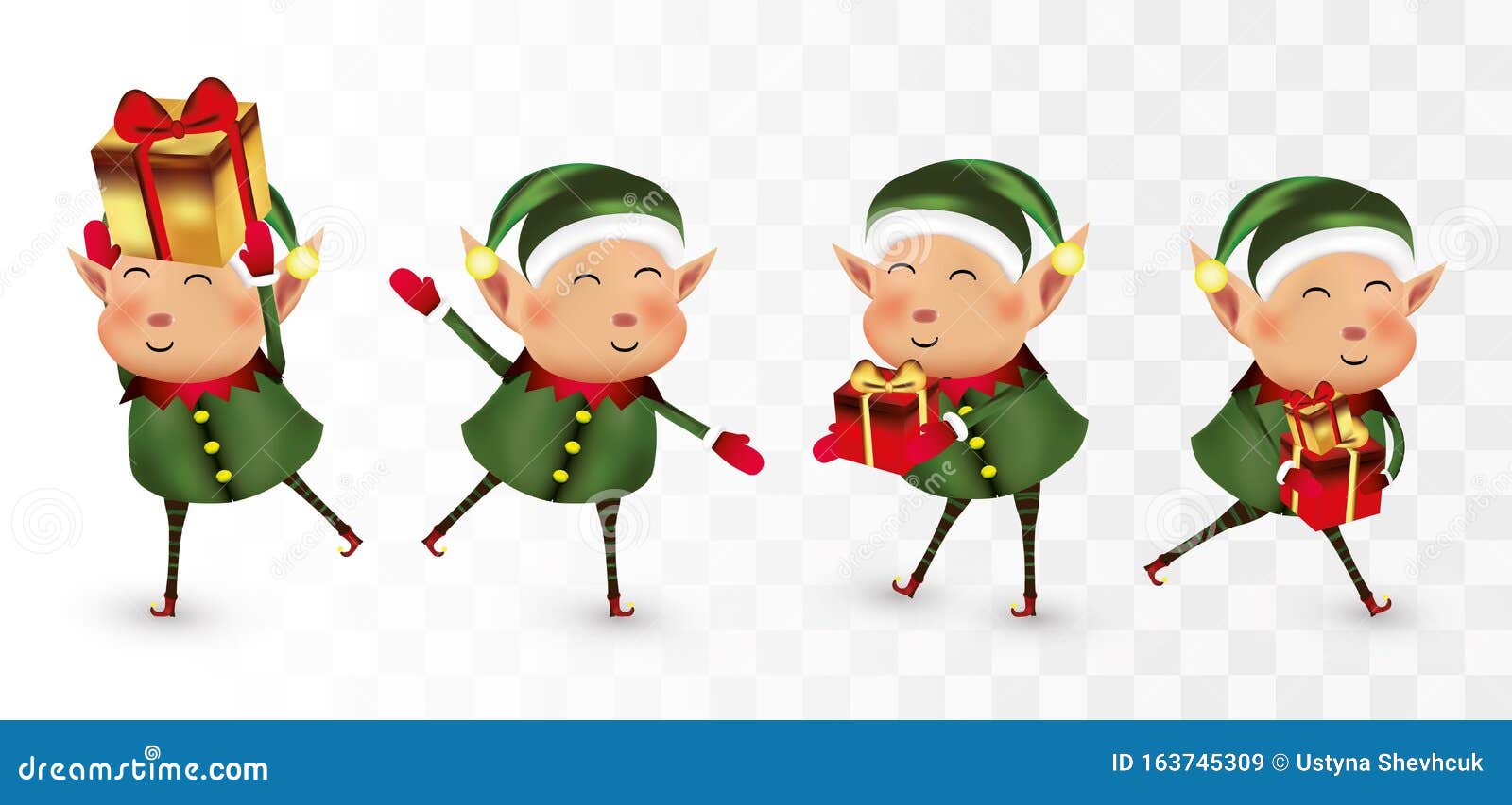 collection of christmas elves  on transparens background. little elves. santa`s helpers. elves with gift