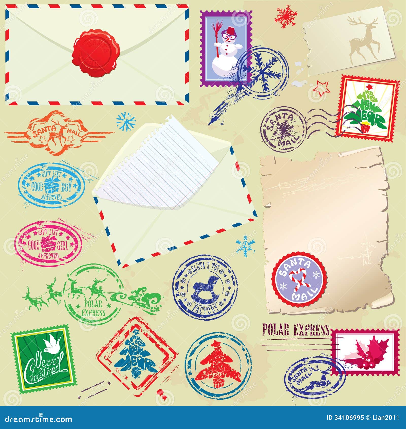Collection Of Christmas Stamps, Envelops, Labels - Stock Vector - Illustration of present, print ...