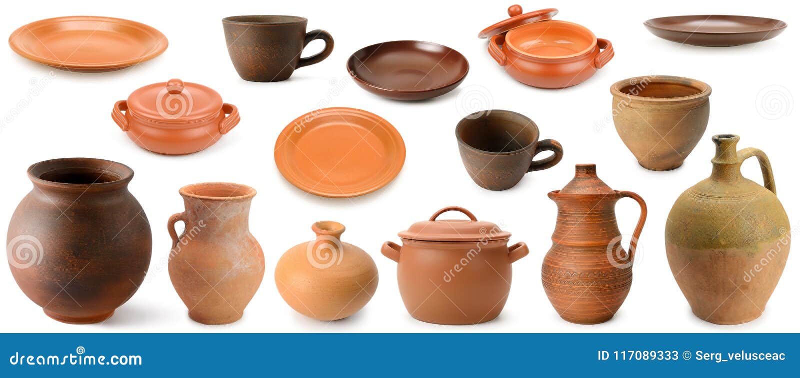 Collection Clay and Pottery Utensils Isolated on White Stock Image