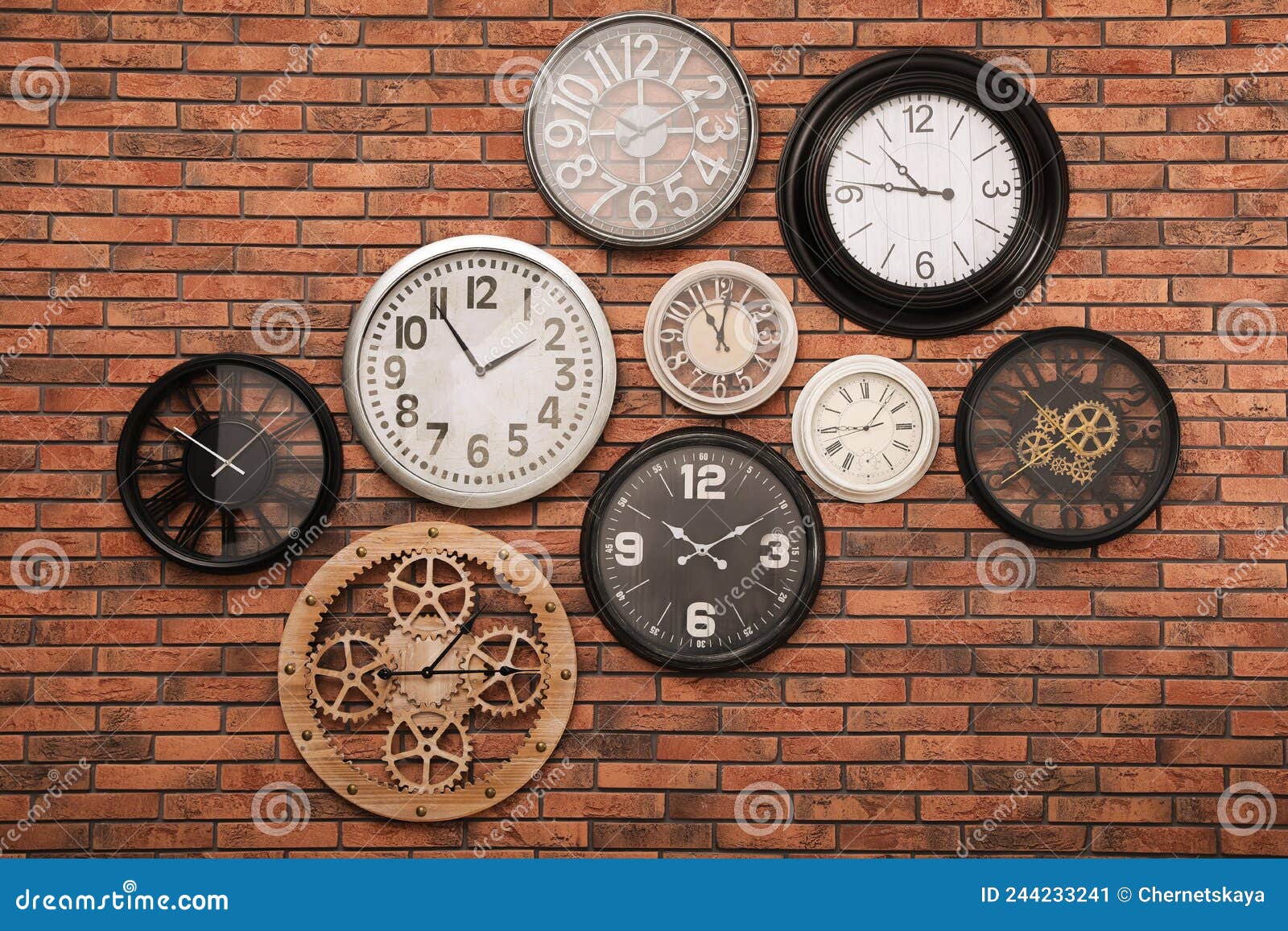 Collection of Clocks Hanging on Red Brick Wall Stock Image Image of