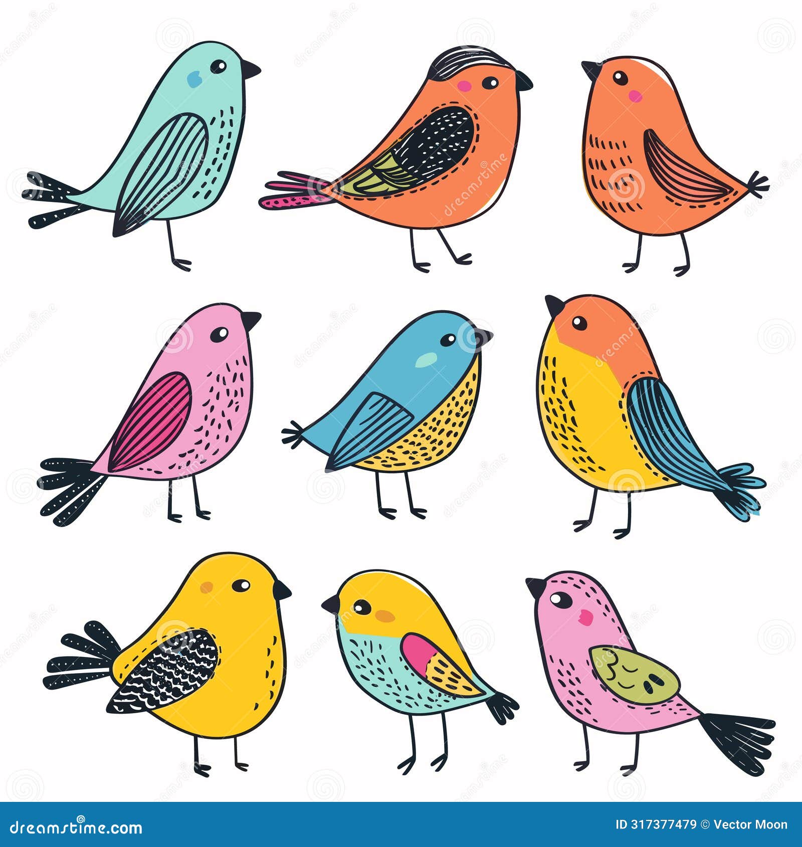 collection colorful birds standing various poses. whimsical illustrated songbirds diverse colors