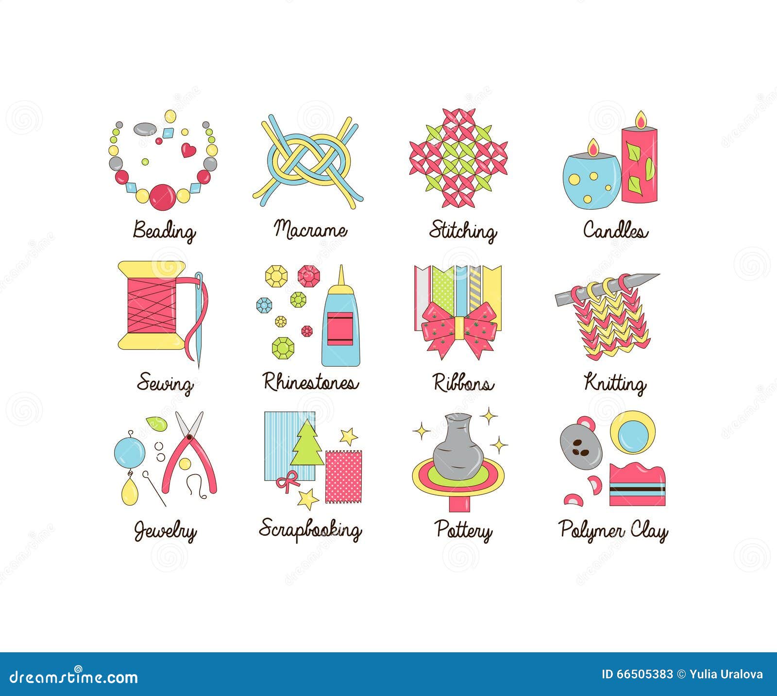 a collection of colorful modern cartoon outlined icons for various kinds of handmade, diy and craft activities.