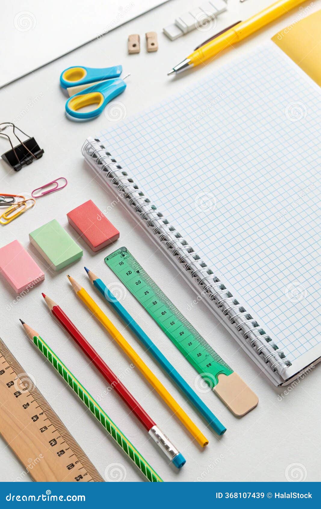 school stationery  over white with copyspace